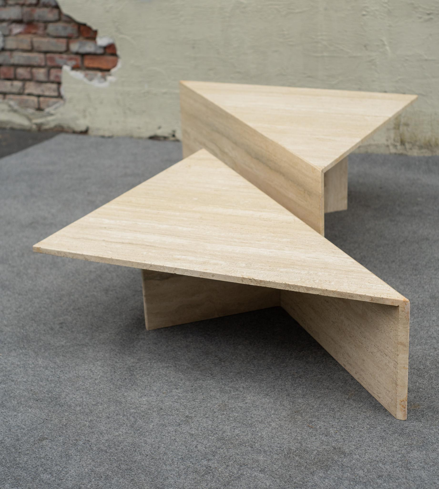 2-Piece Up & Up Triangular Nesting Staggered Coffee Tables in Travertine Stone For Sale 1