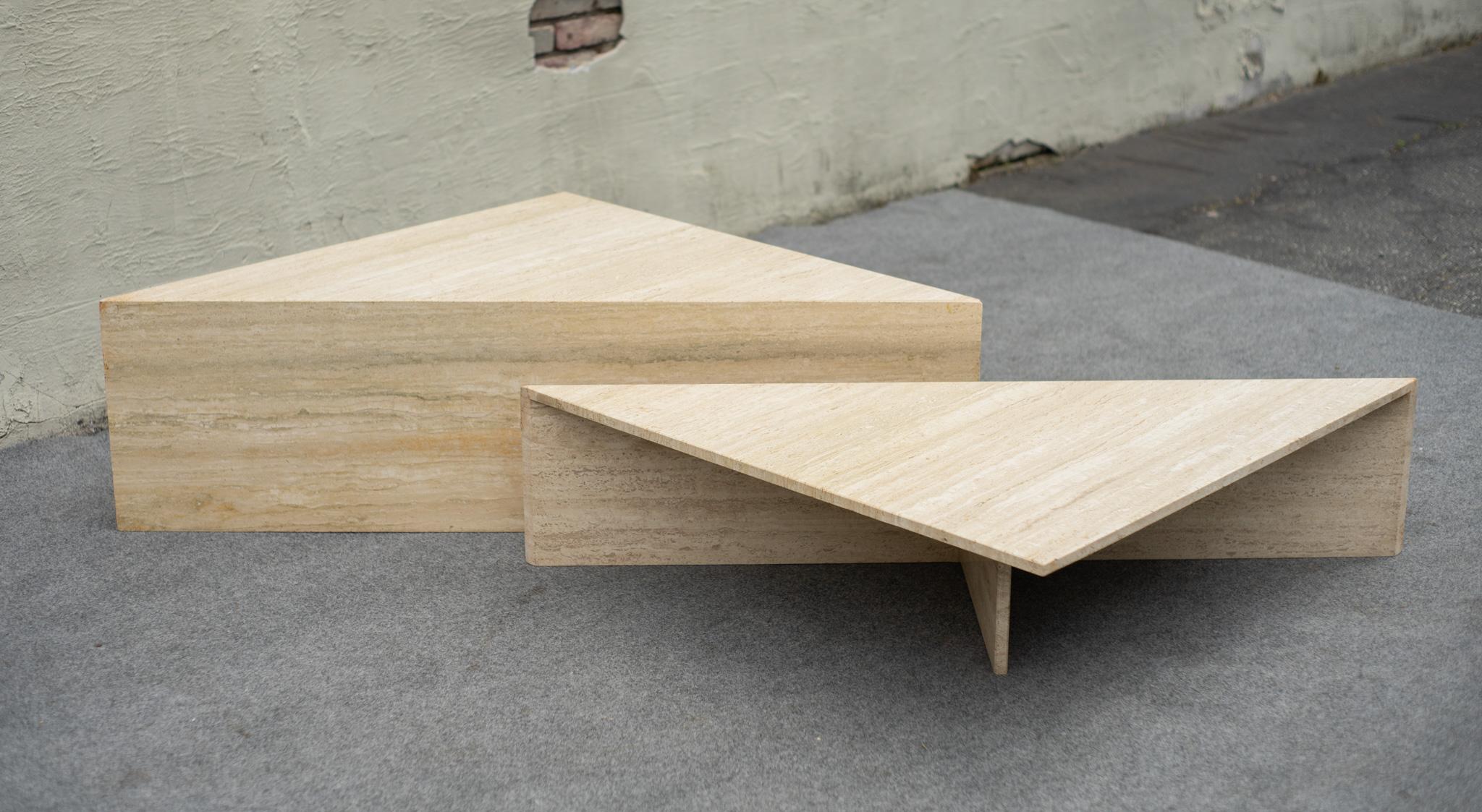 2-Piece Up & Up Triangular Nesting Staggered Coffee Tables in Travertine Stone For Sale 2