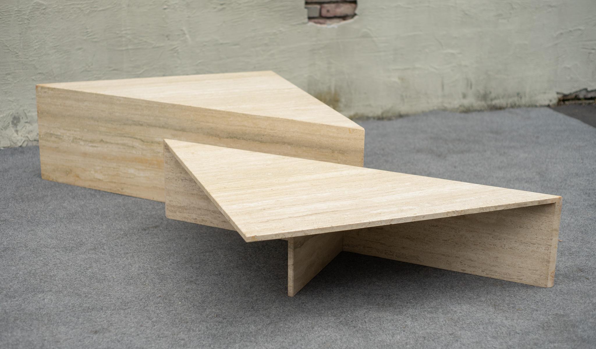 2-Piece Up & Up Triangular Nesting Staggered Coffee Tables in Travertine Stone For Sale 3