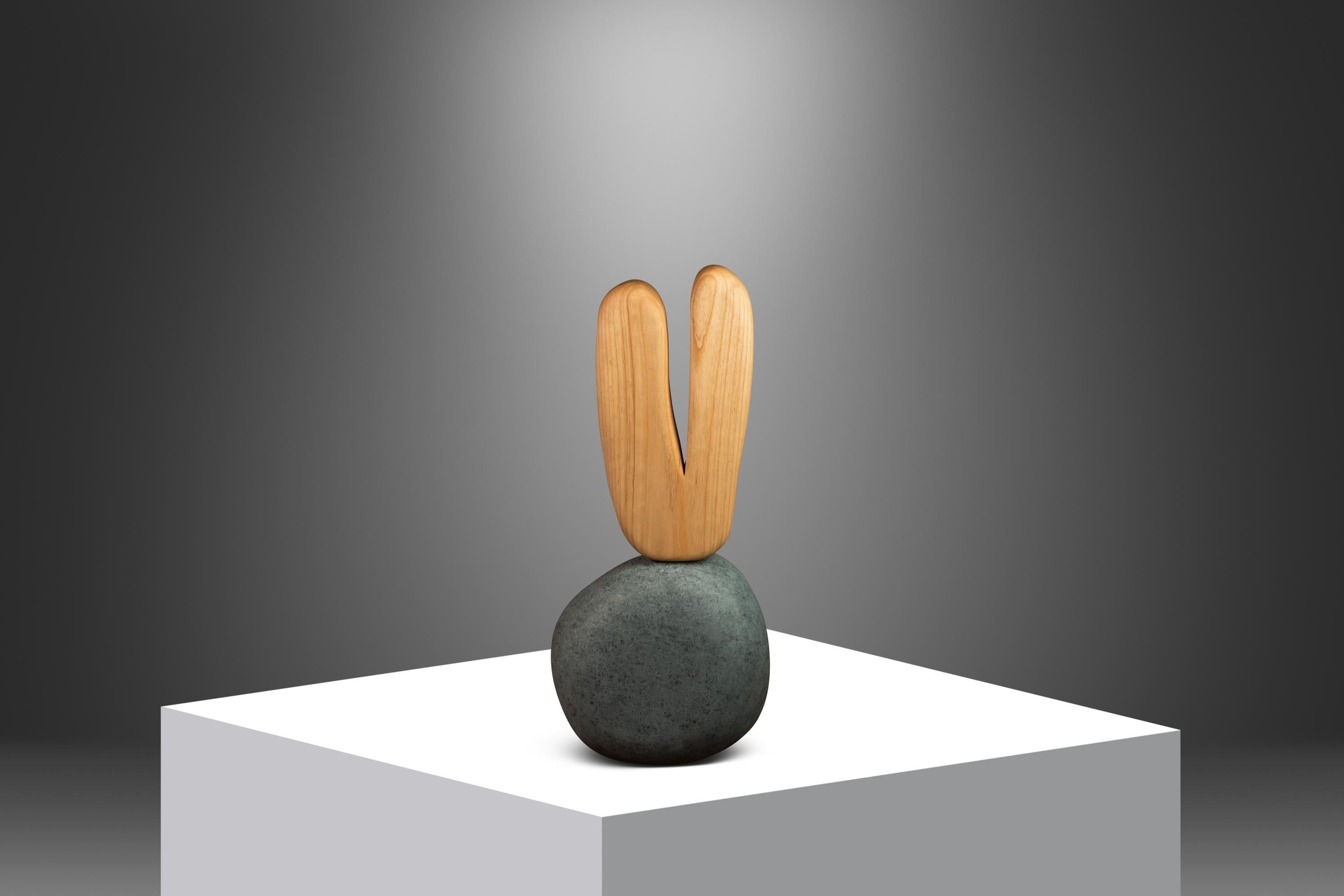 Ti presentiamo un esemplare unico di scultura organica moderna intagliata a mano in una combinazione di frassino massiccio e pietra ollare steatitica. Soprannominato 