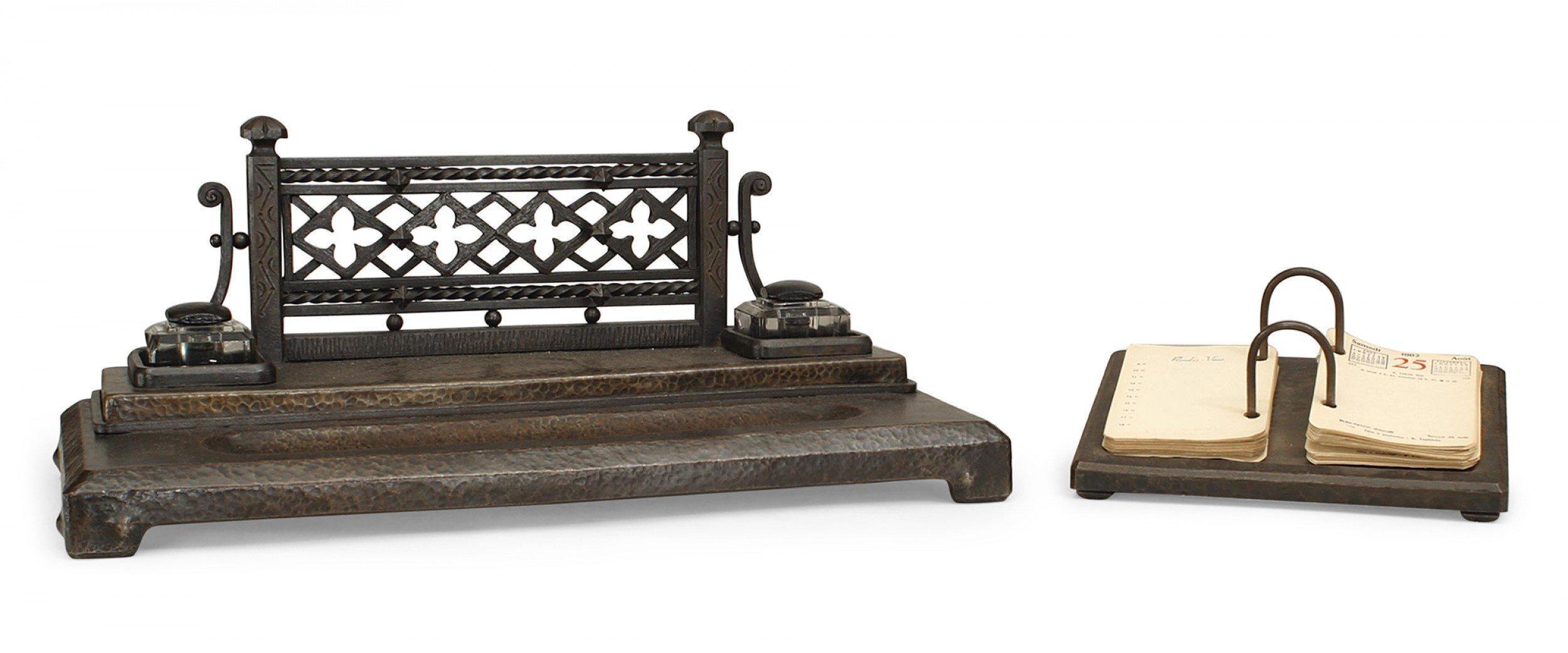French Victorian Gothic-style wrought iron double inkwell with (later) crystal wells and filigree back-rail. (with calendar stand) (PRICED AS SET).
 