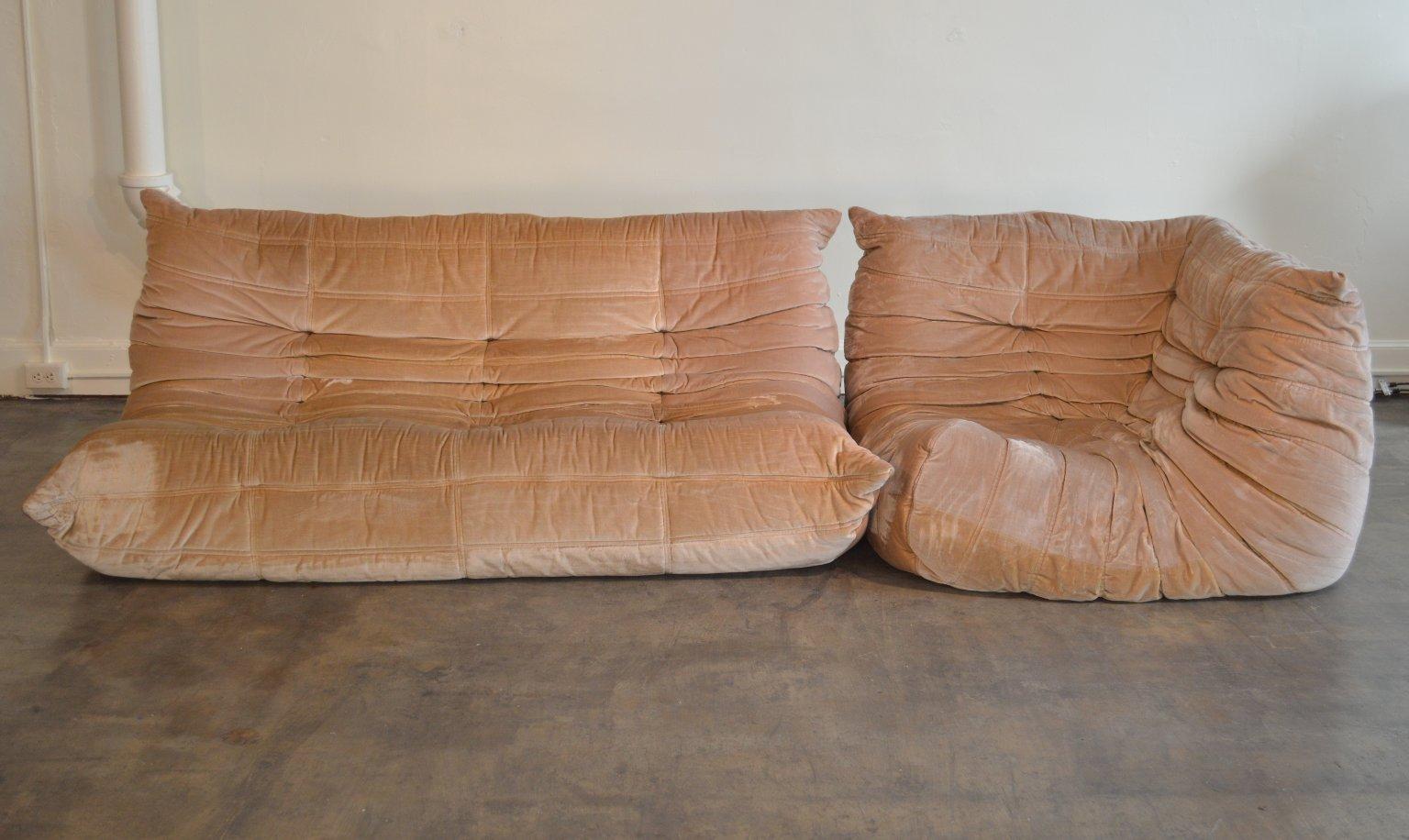 Michel Ducaroy Two Piece Vintage Rose Colored Togo Sofa Set  In Good Condition In Portland, ME