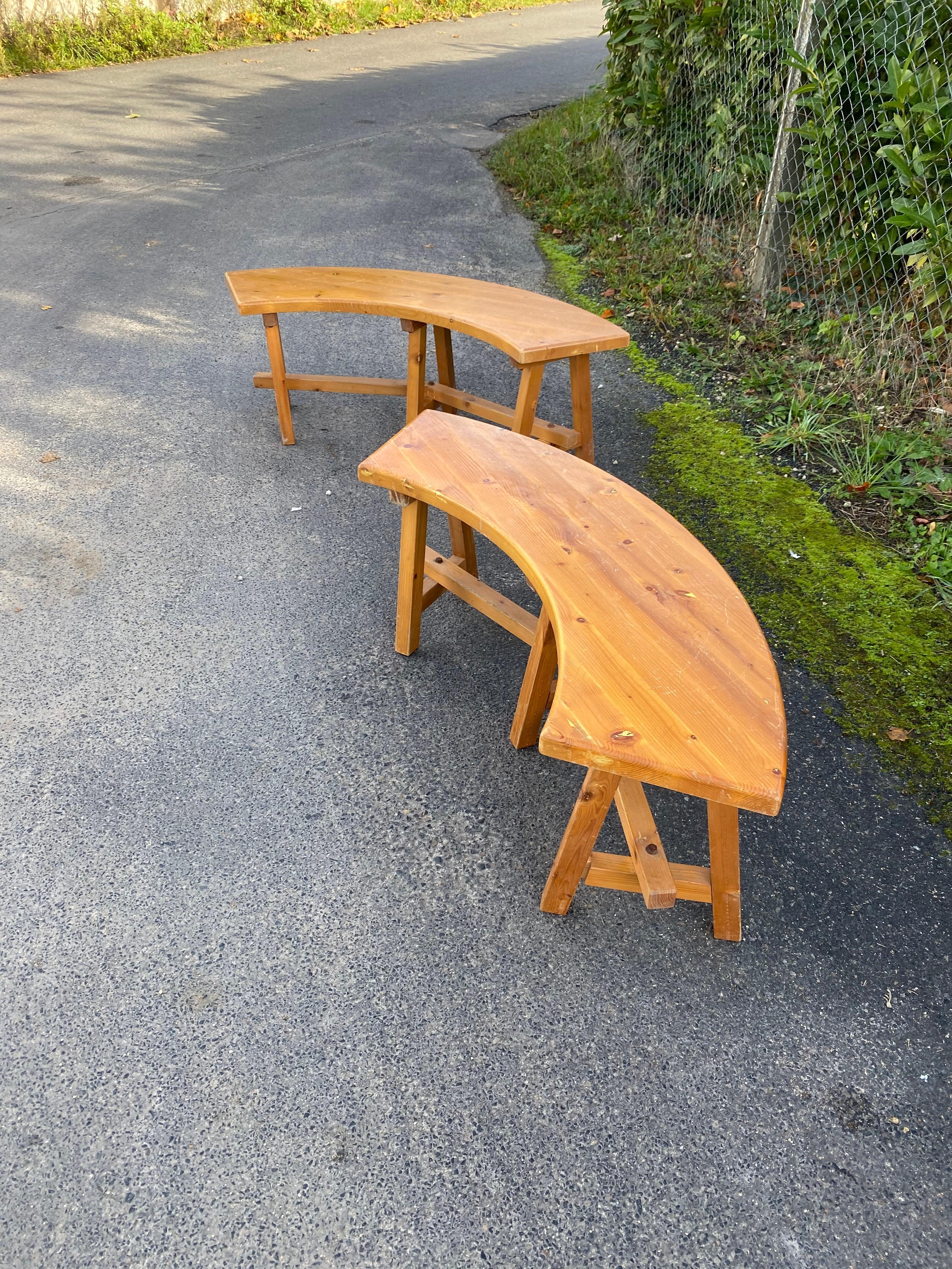 French 2 Pine Benches in the Style of Chapo, circa 1970 For Sale