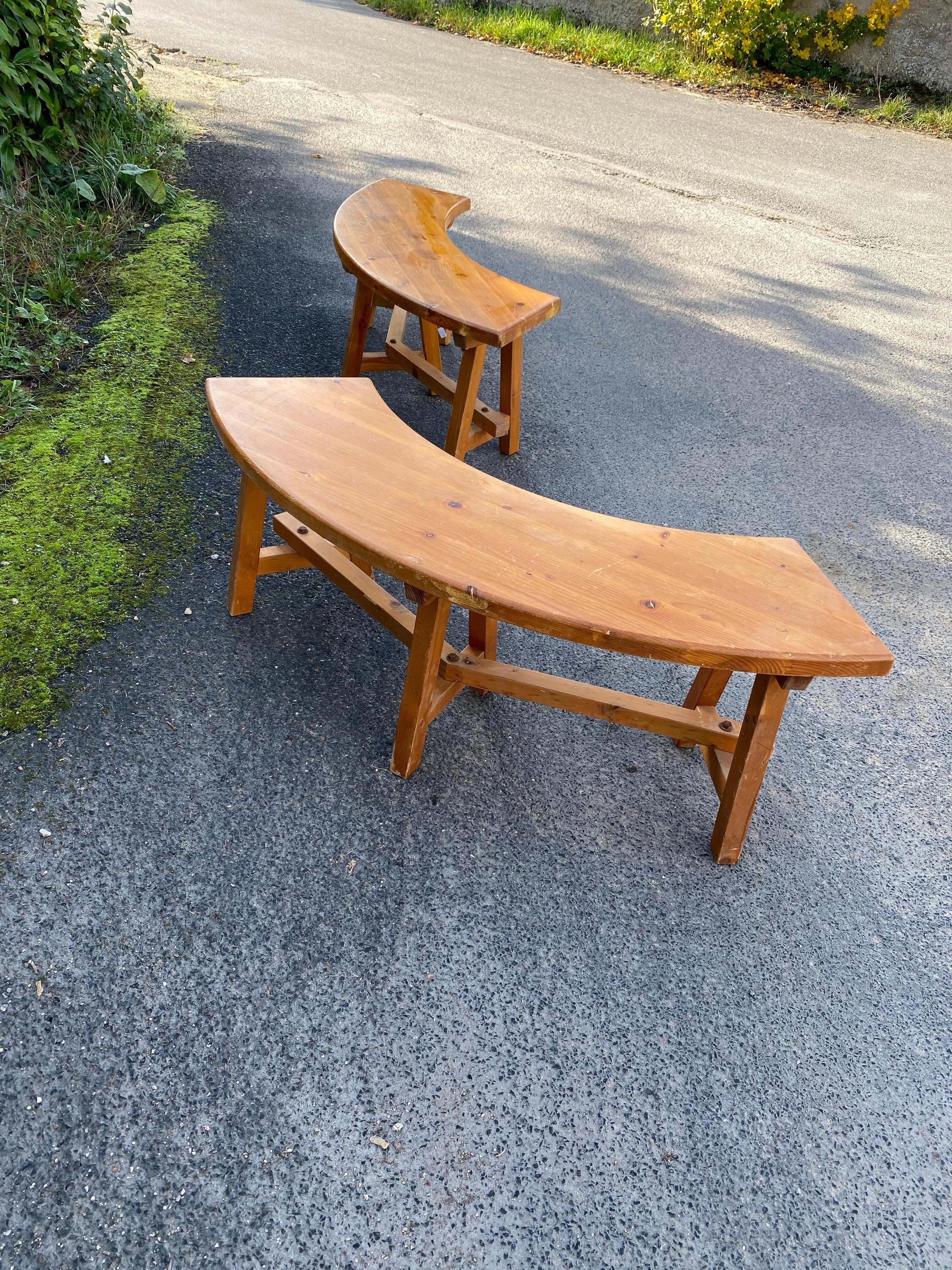 2 Pine Benches in the Style of Chapo, circa 1970 For Sale 1