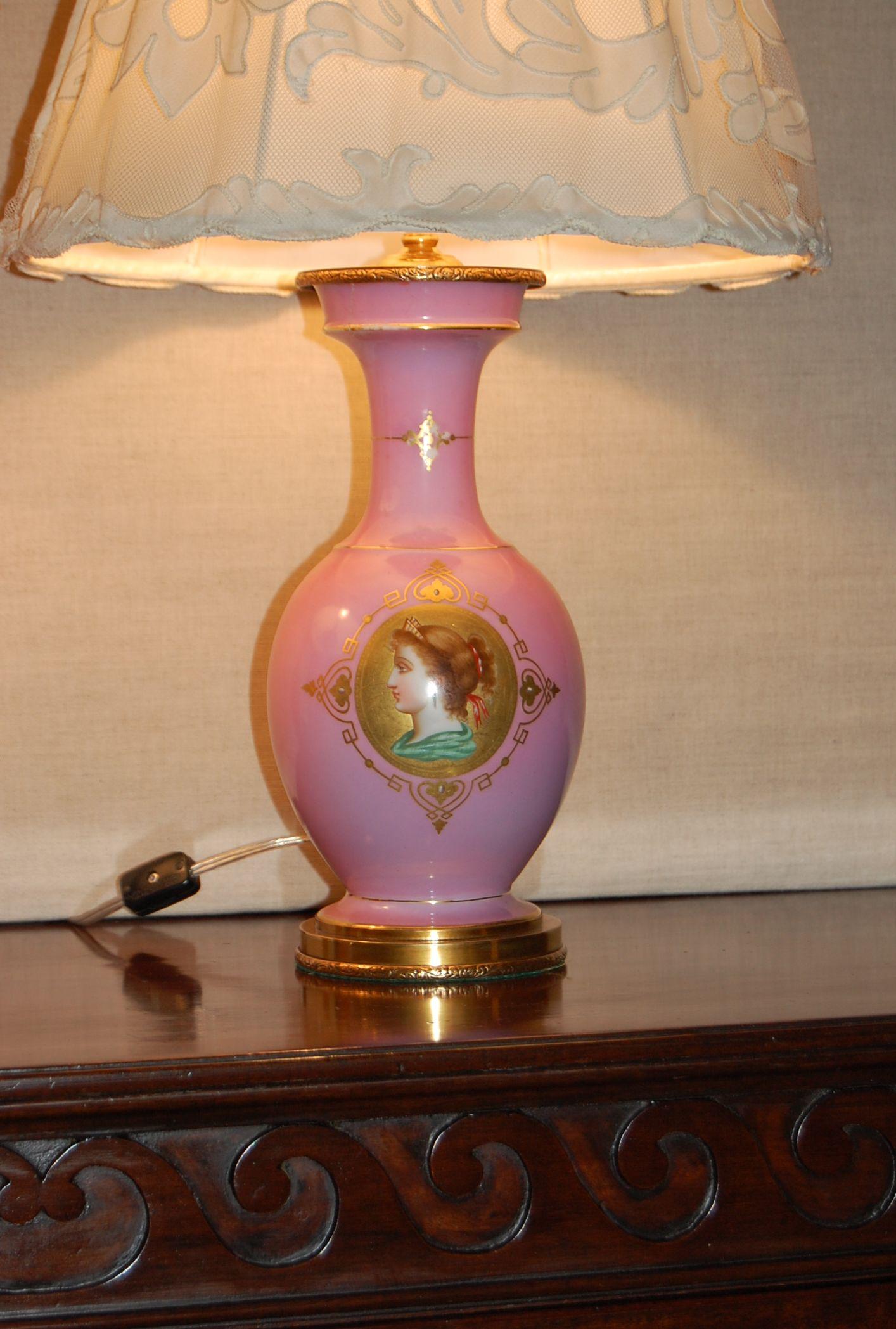 Victorian 2 Pink French Porcelain Hand Decorated Urn Lamps with Female Portrait Medallions For Sale