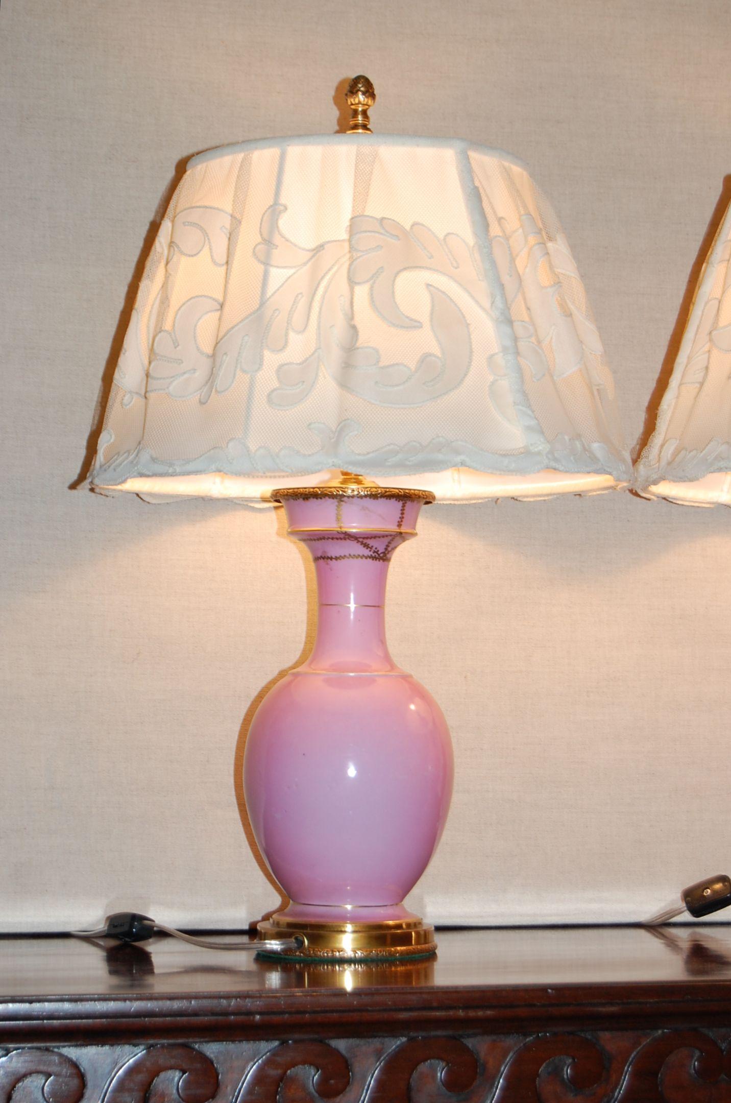 Hand-Crafted 2 Pink French Porcelain Hand Decorated Urn Lamps with Female Portrait Medallions For Sale
