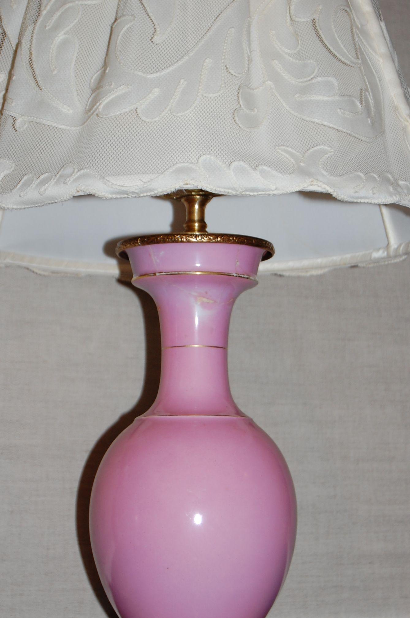2 Pink French Porcelain Hand Decorated Urn Lamps with Female Portrait Medallions In Fair Condition For Sale In Pittsburgh, PA
