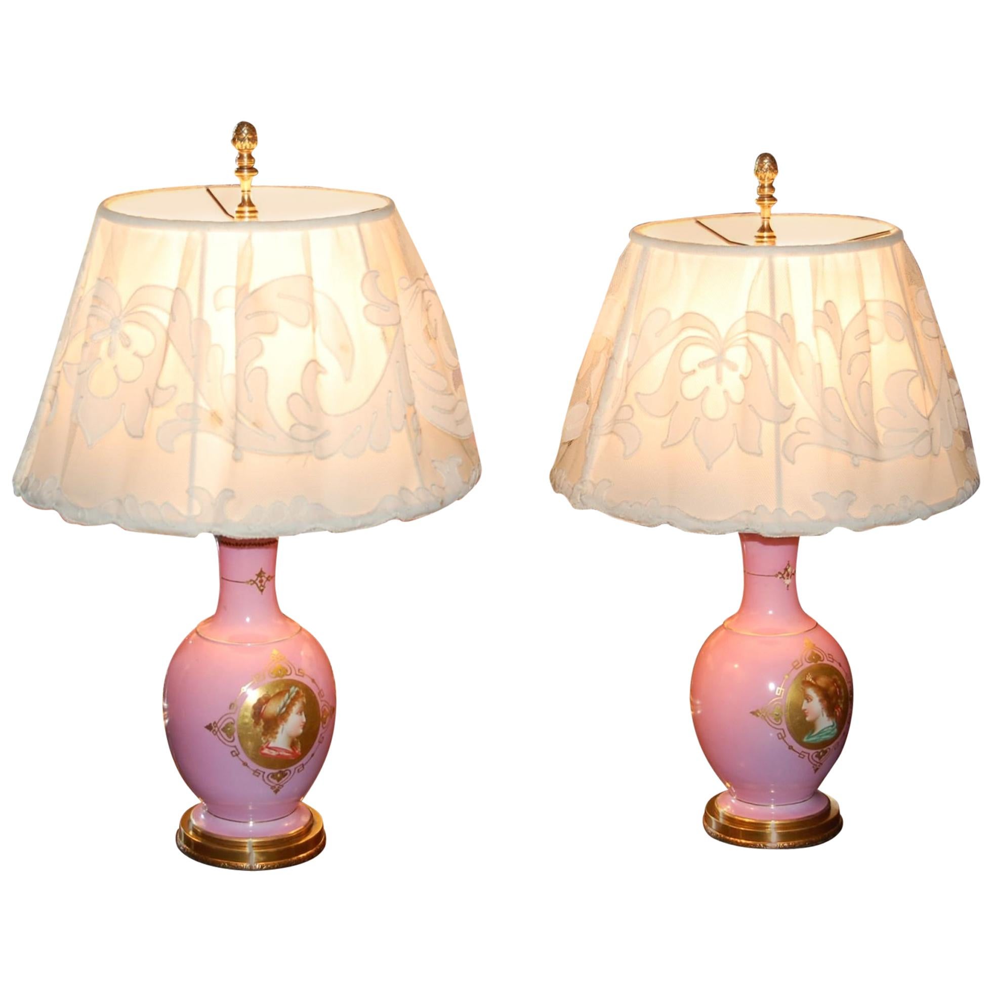 2 Pink French Porcelain Hand Decorated Urn Lamps with Female Portrait Medallions For Sale