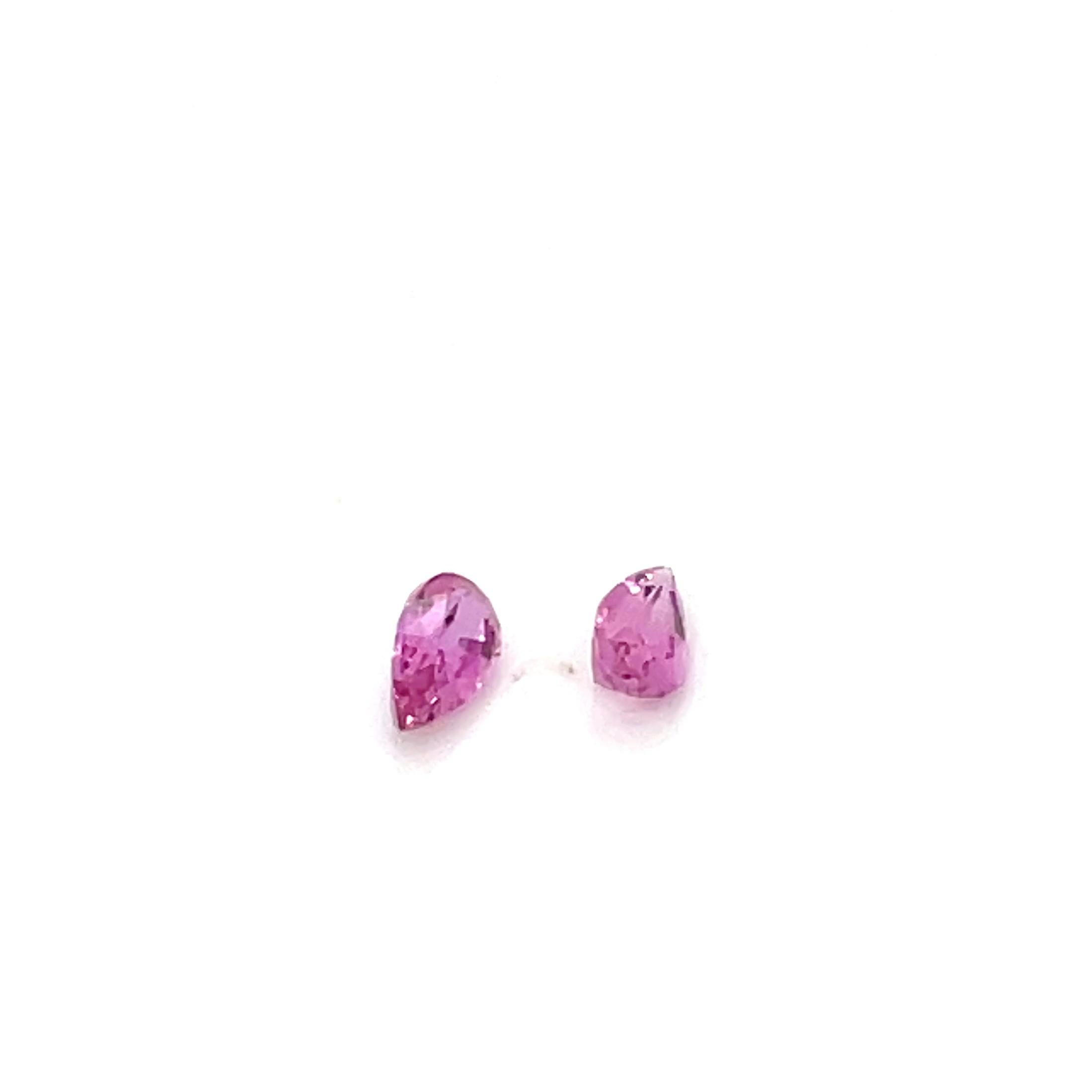 This beautiful pair of pink sapphires weighs a total of 0.80 carats and is shaped like small pear drops (6 x 3.3mm each). 

Their soft pink color is natural, with no heat treatment, making them rare and special.
Mined from Madagascar, these