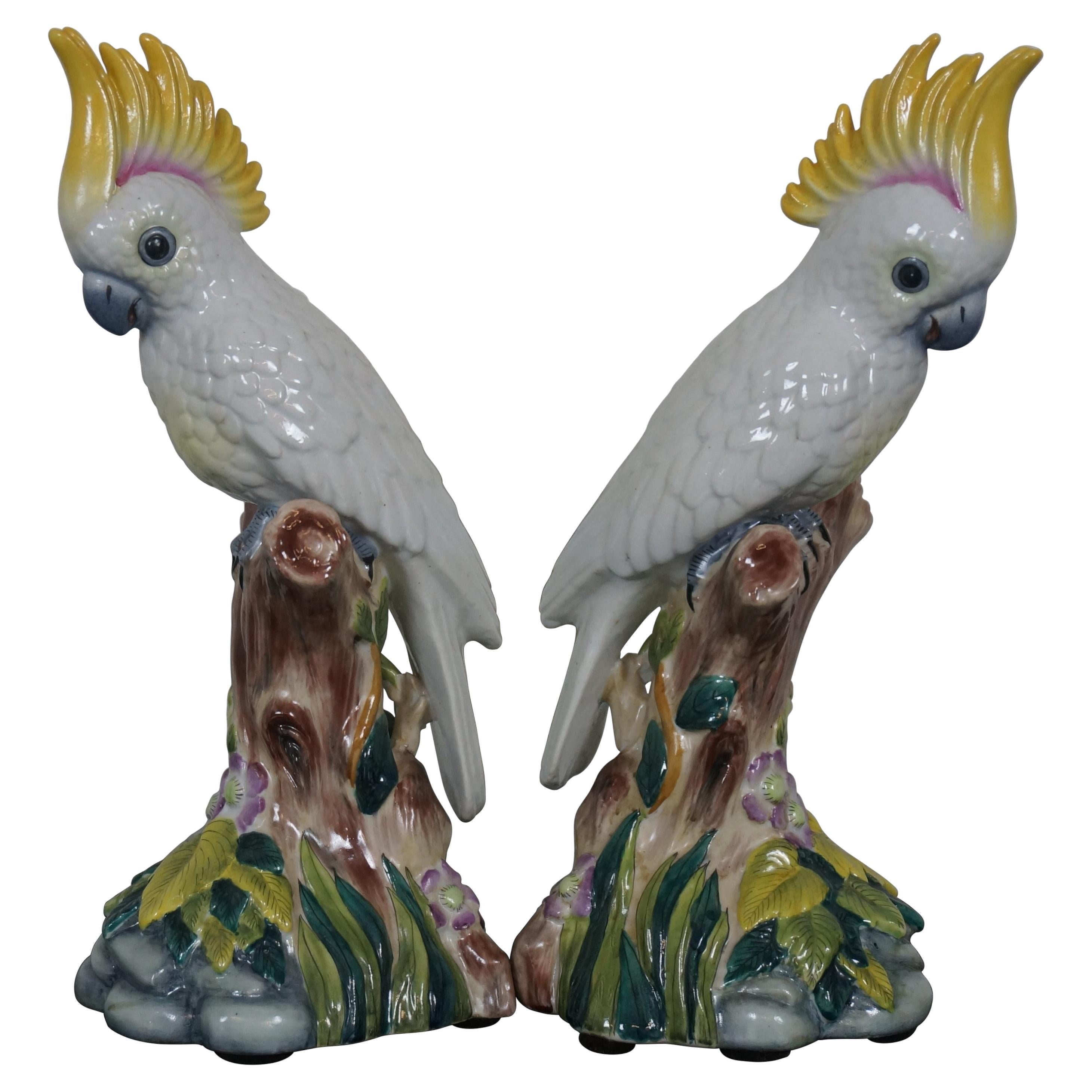 2 Porcelain Yellow Crested Cockatoo Parrot Bird Mantel Figurines