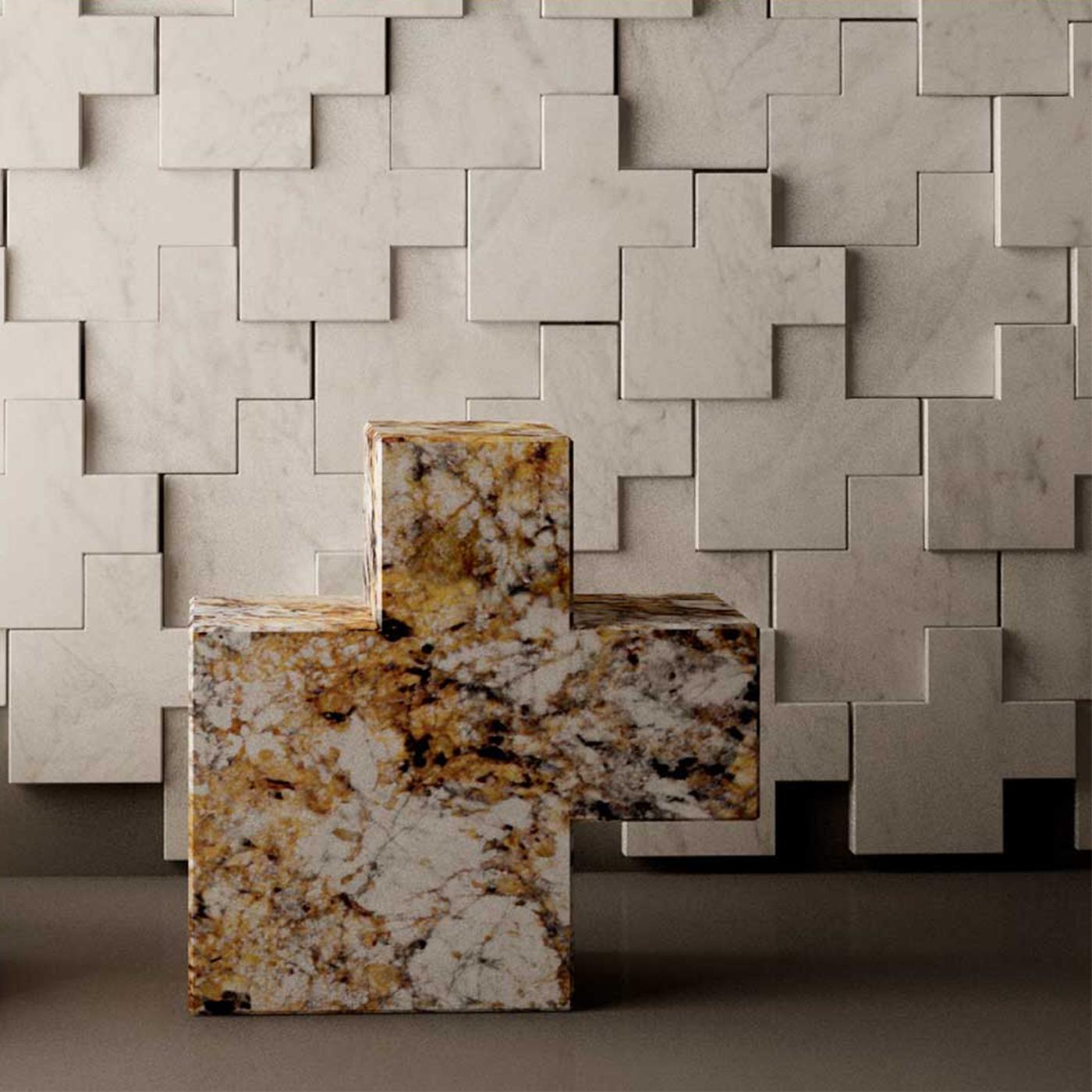 Diverse functionality converges with a clean, contemporary aesthetic in this high-strength geometric structure designed by Studio Formart. Sculpted from rare Paonazzo marble from Carrara, these minimalist pieces are a complement suitable for both
