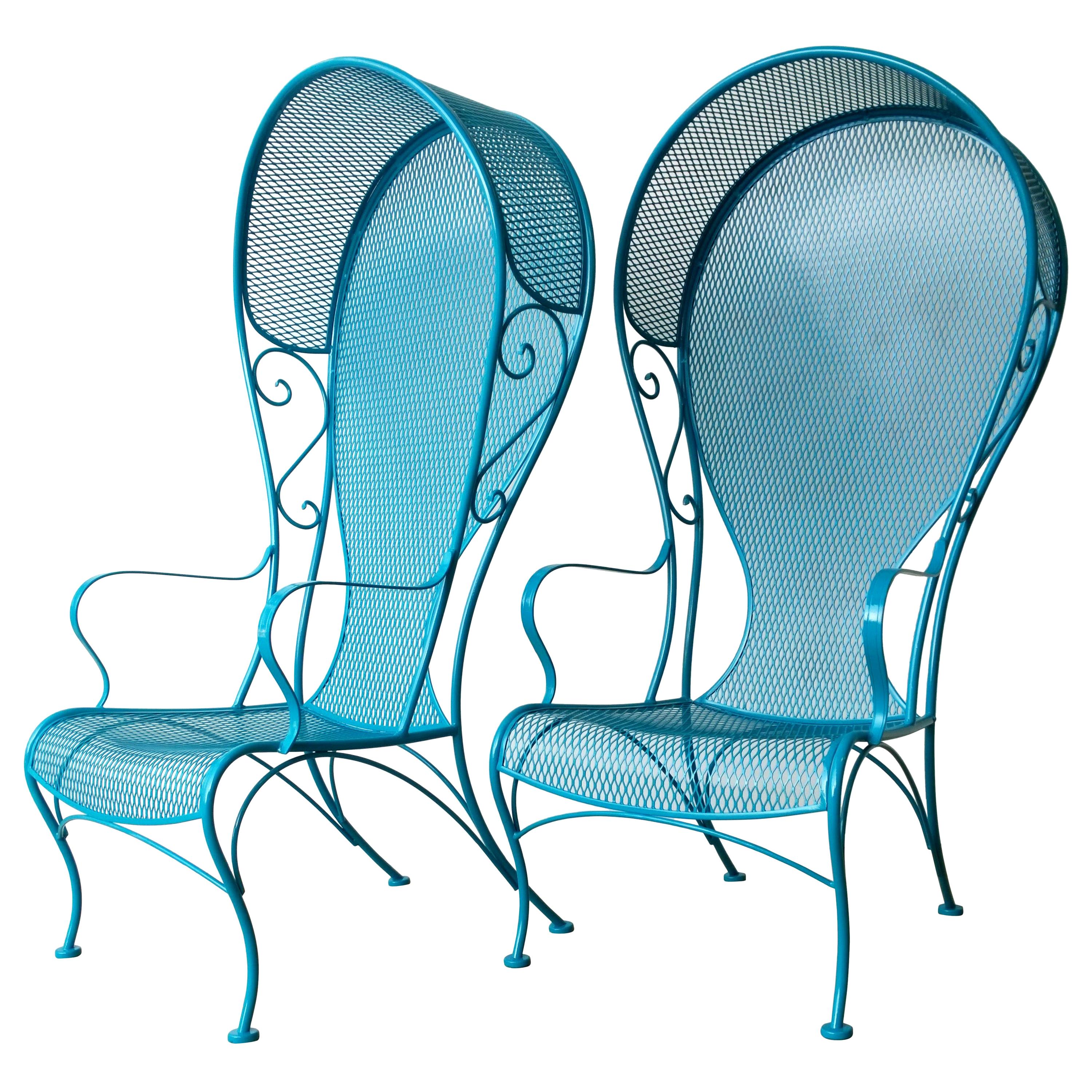 2 R. Woodard Newly Enameled Lagoon Blue Wrought Iron Patio Canopy Arm Chairs