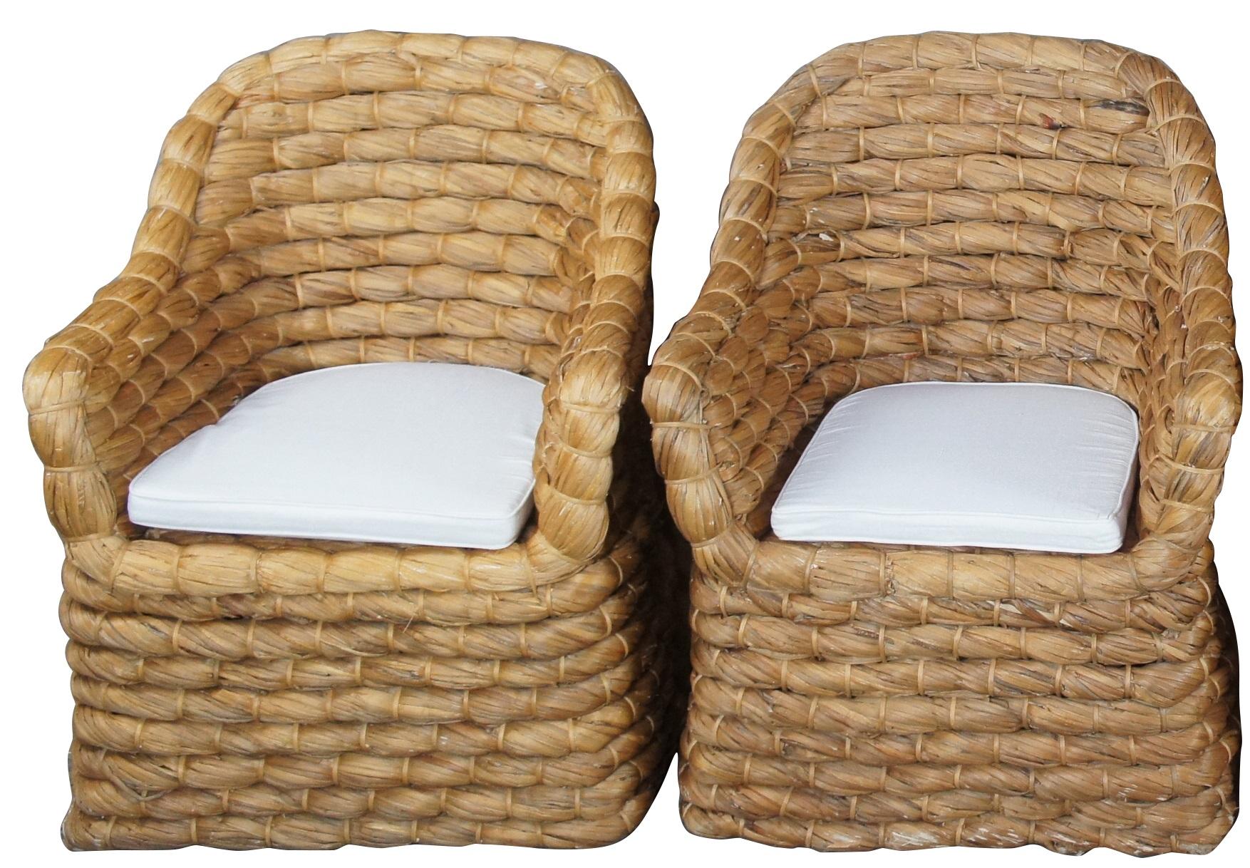 2 Ralph Lauren Joshua tree woven barrel back dining chairs Bohemian boho chic

2 Ralph Lauren Joshua tree chairs. Full of hearty texture and visual appeal, these cabana-style armchairs are crafted with natural lampakanay and fitted with a plush