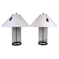 2 Ralph Lauren Modern Glass Hurricane Bronze Library Buffet Table Lamps