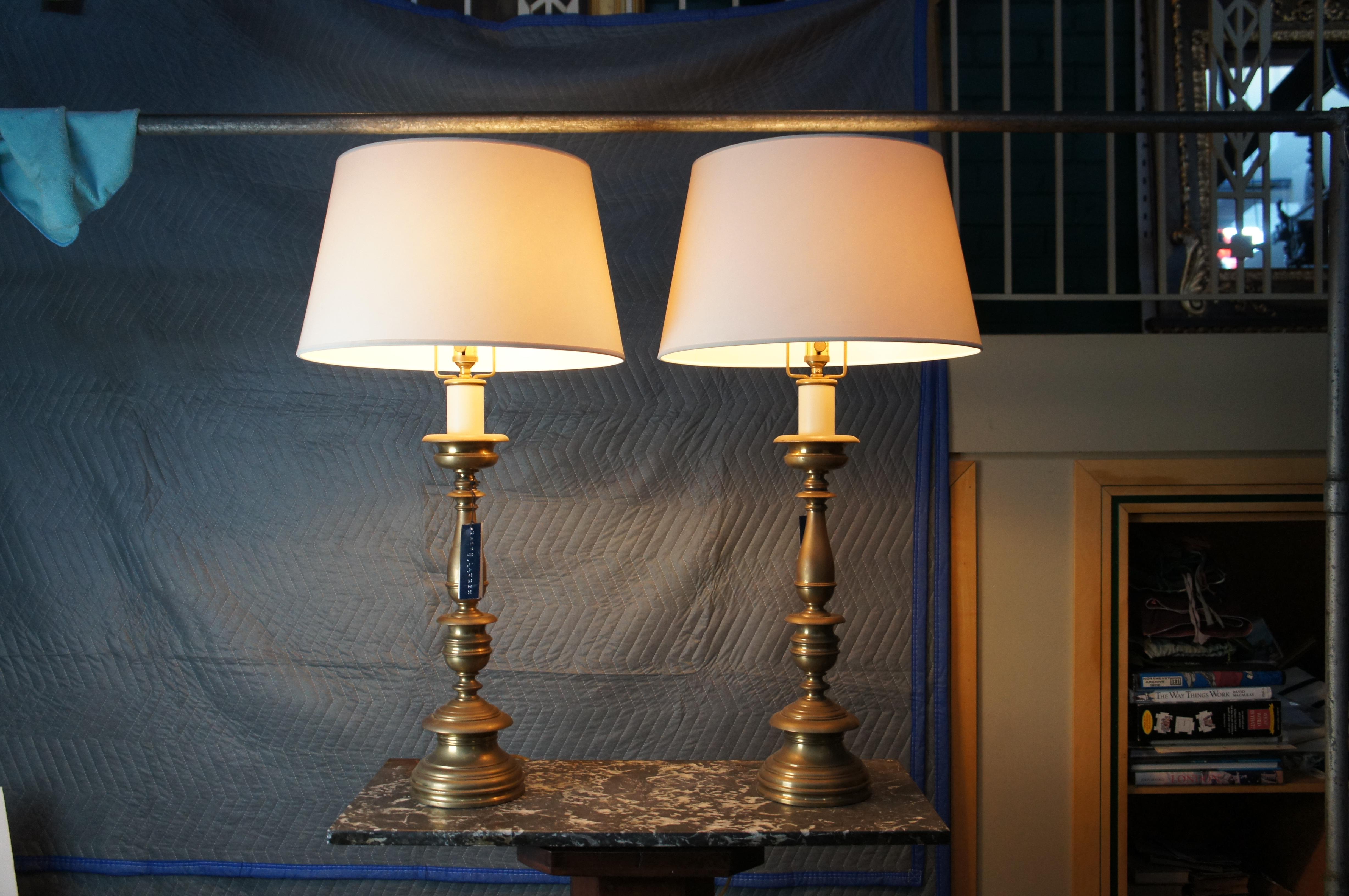 2 Ralph Lauren Tudor Altar Candlestick Adjustable Brass Table Lamps Shades Pair For Sale 7