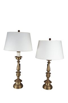 2 Ralph Lauren Tudor Altar Candlestick Adjustable Brass Table Lamps Shades Pair