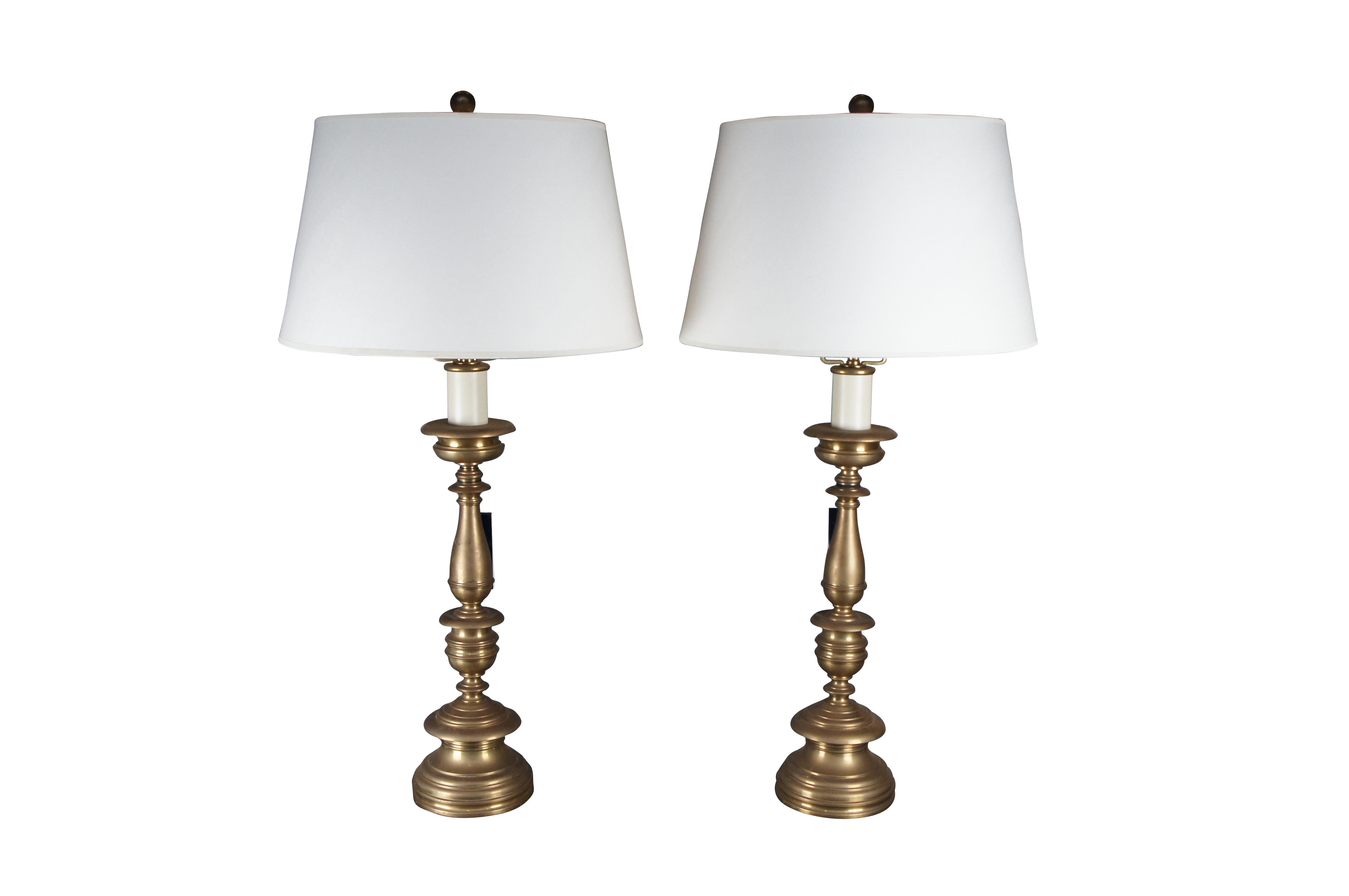 2 Ralph Lauren Tudor Altar Candlestick Adjustable Brass Table Lamps Shades Pair In Good Condition For Sale In Dayton, OH