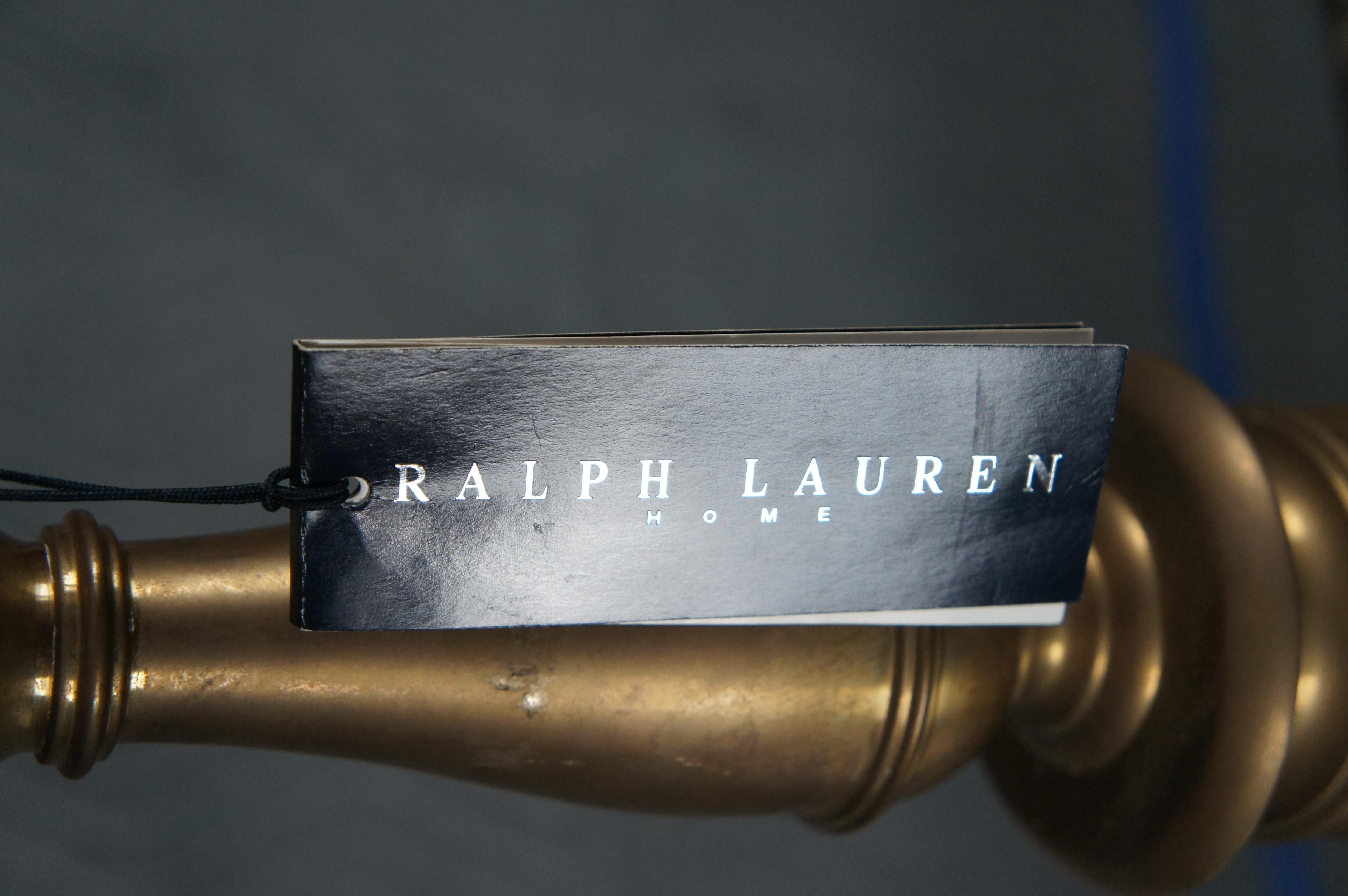 2 Ralph Lauren Tudor Altar Candlestick Adjustable Brass Table Lamps Shades Pair In Good Condition In Dayton, OH