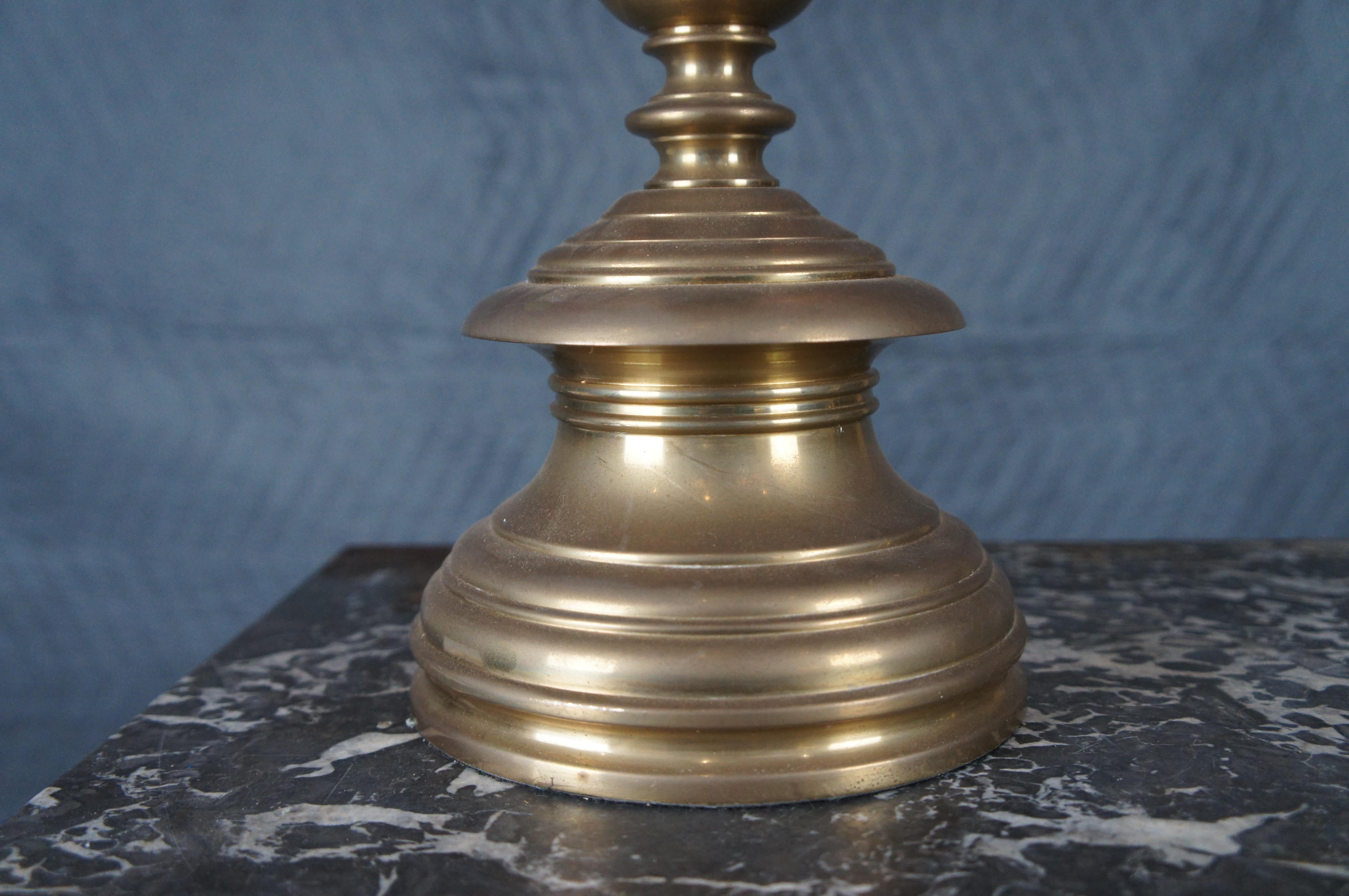 2 Ralph Lauren Tudor Altar Candlestick Adjustable Brass Table Lamps Shades Pair For Sale 2