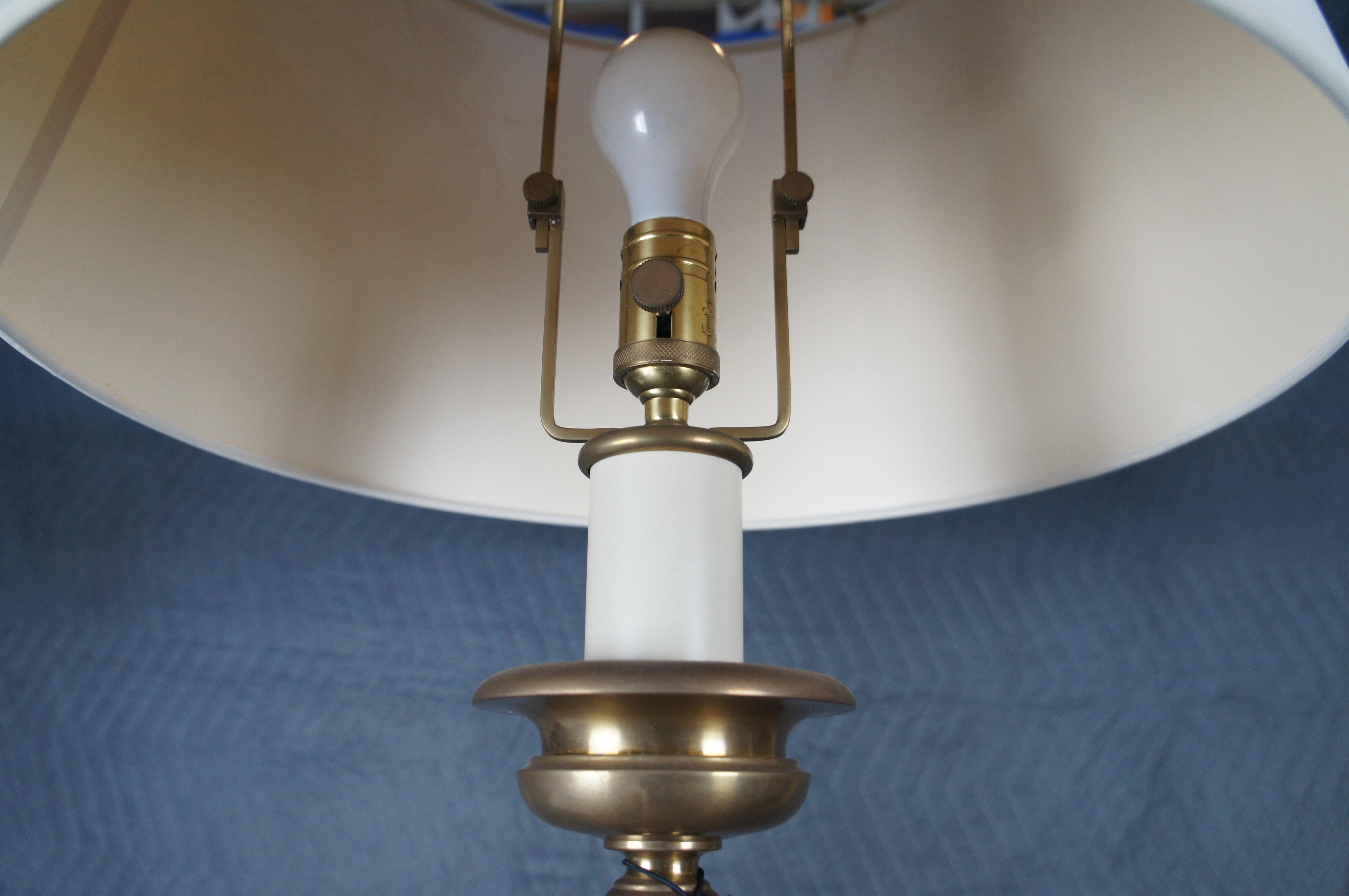 2 Ralph Lauren Tudor Altar Candlestick Adjustable Brass Table Lamps Shades Pair 1