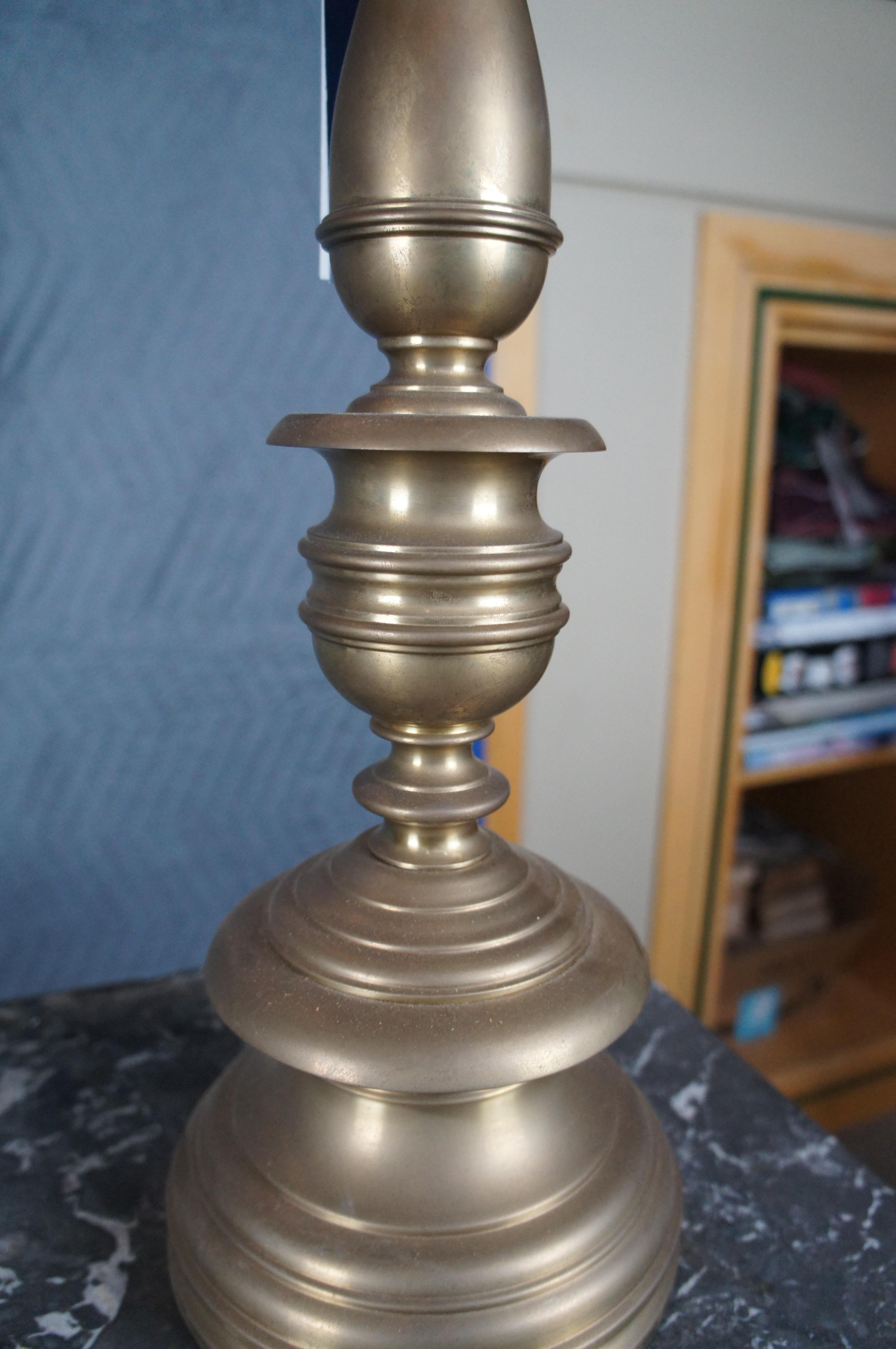 2 Ralph Lauren Tudor Altar Candlestick Adjustable Brass Table Lamps Shades Pair For Sale 4