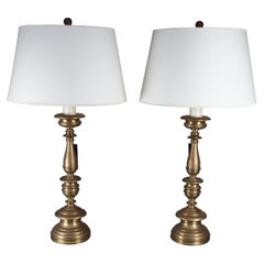 2 Ralph Lauren Tudor Altar Candlestick Adjustable Brass Table Lamps Shades Pair