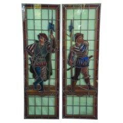 2 Rare Antique 19ème C. Neo Renaissance Figural Leaded Stained Glass Windows 52" (vitraux plombés)