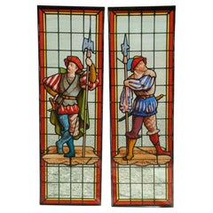 2 Rare Antique 19th C. Neo Renaissance Figural Leaded Stained Glass Windows 52"
