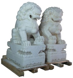 2 Rare Antique Chinese Marble Foo Dog Guardian Lion Fu Temple Garden Statues