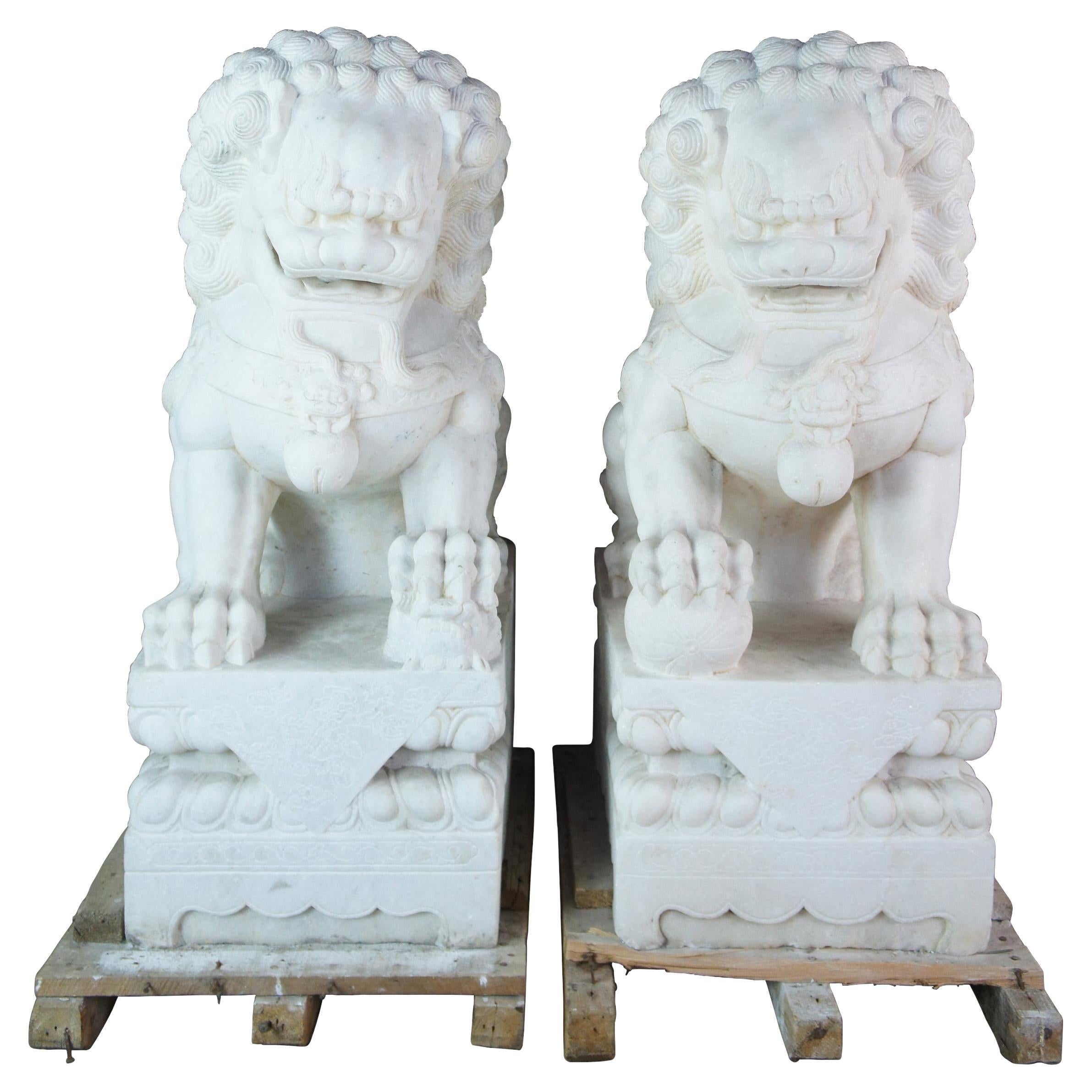 2 Rare Antique Chinese Marble Foo Dog Guardian Lion Fu Temple Garden Statues