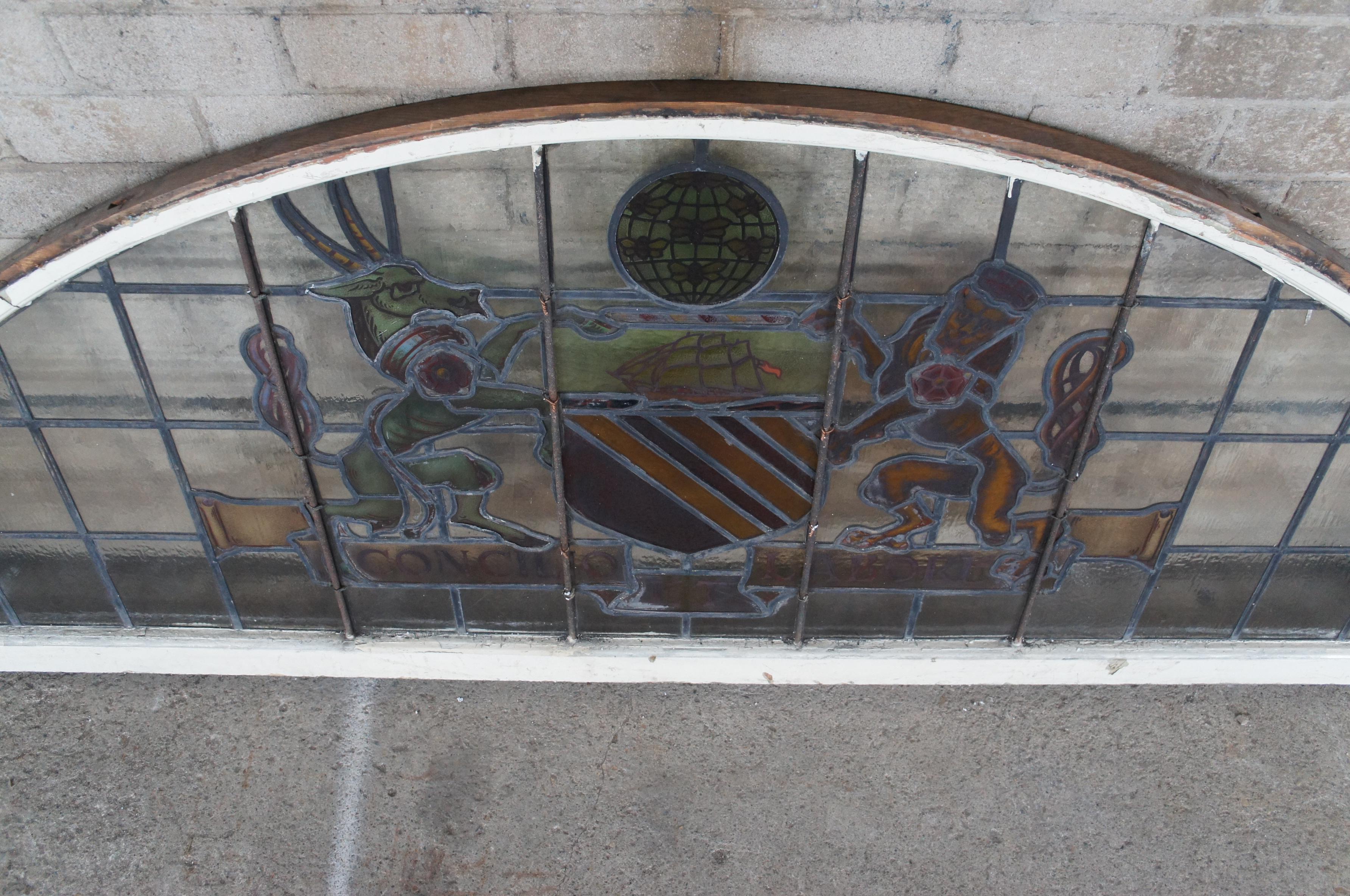 2 Rare Antique Manchester English Stained Glass Palladian Windows Coat of Arms For Sale 7