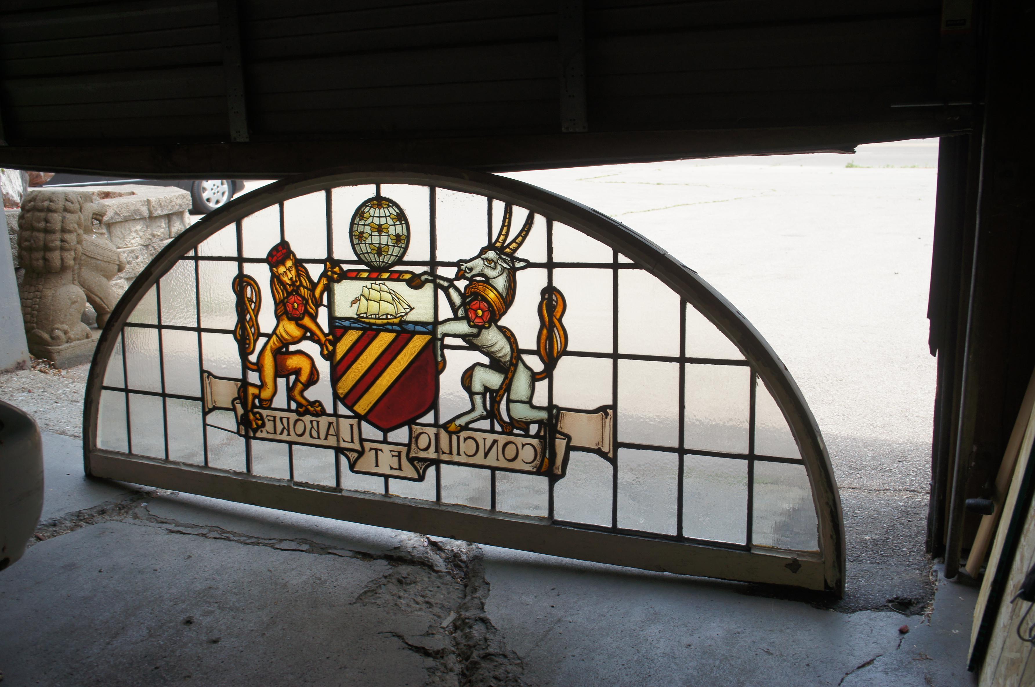 2 Rare Antique Manchester English Stained Glass Palladian Windows Coat of Arms For Sale 14