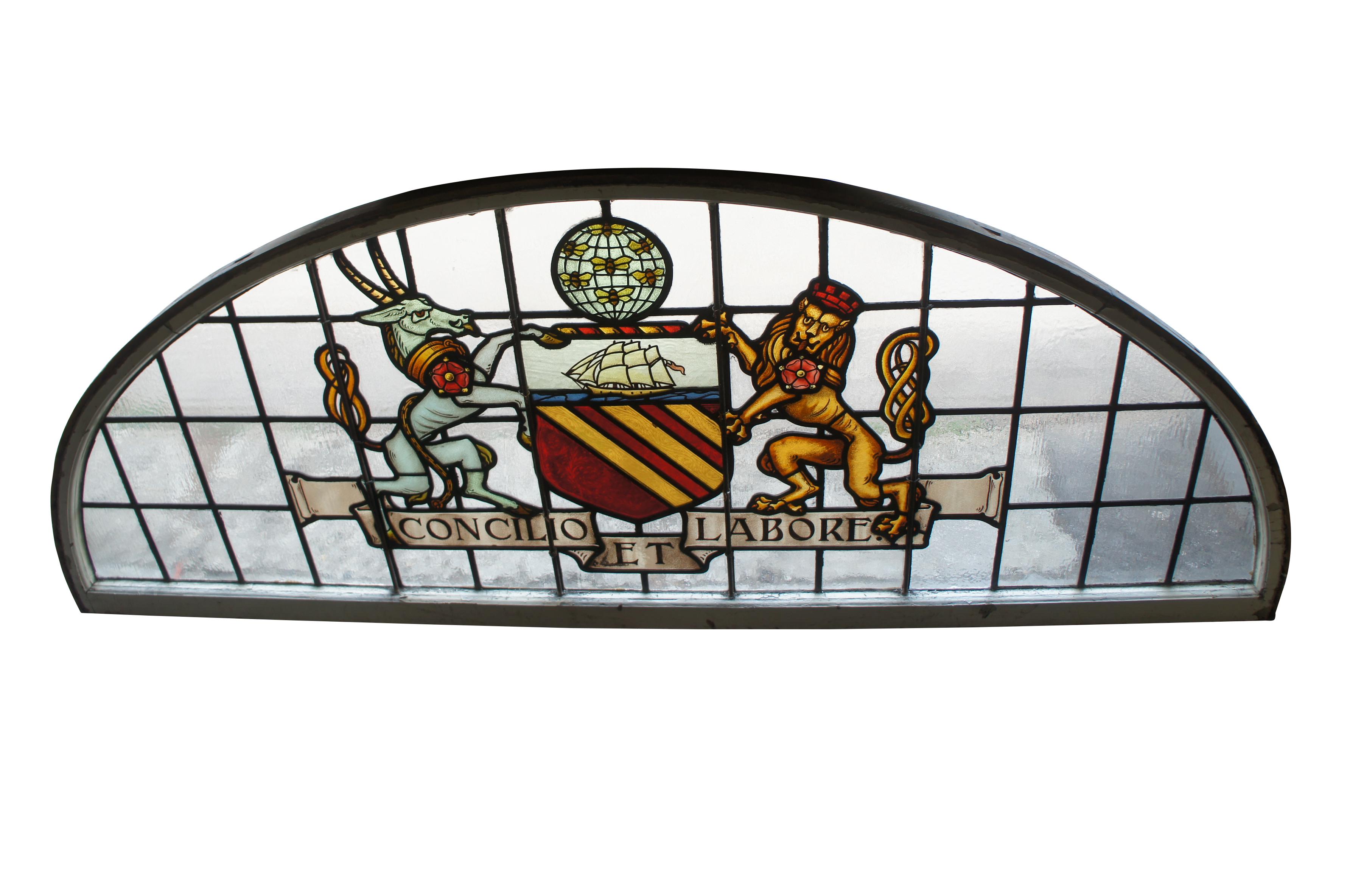 High Victorian 2 Rare Antique Manchester English Stained Glass Palladian Windows Coat of Arms For Sale