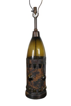 2 Rare Frederick Cooper Hand Blown Brutalist Glass Wine Bottle Lamps 42"