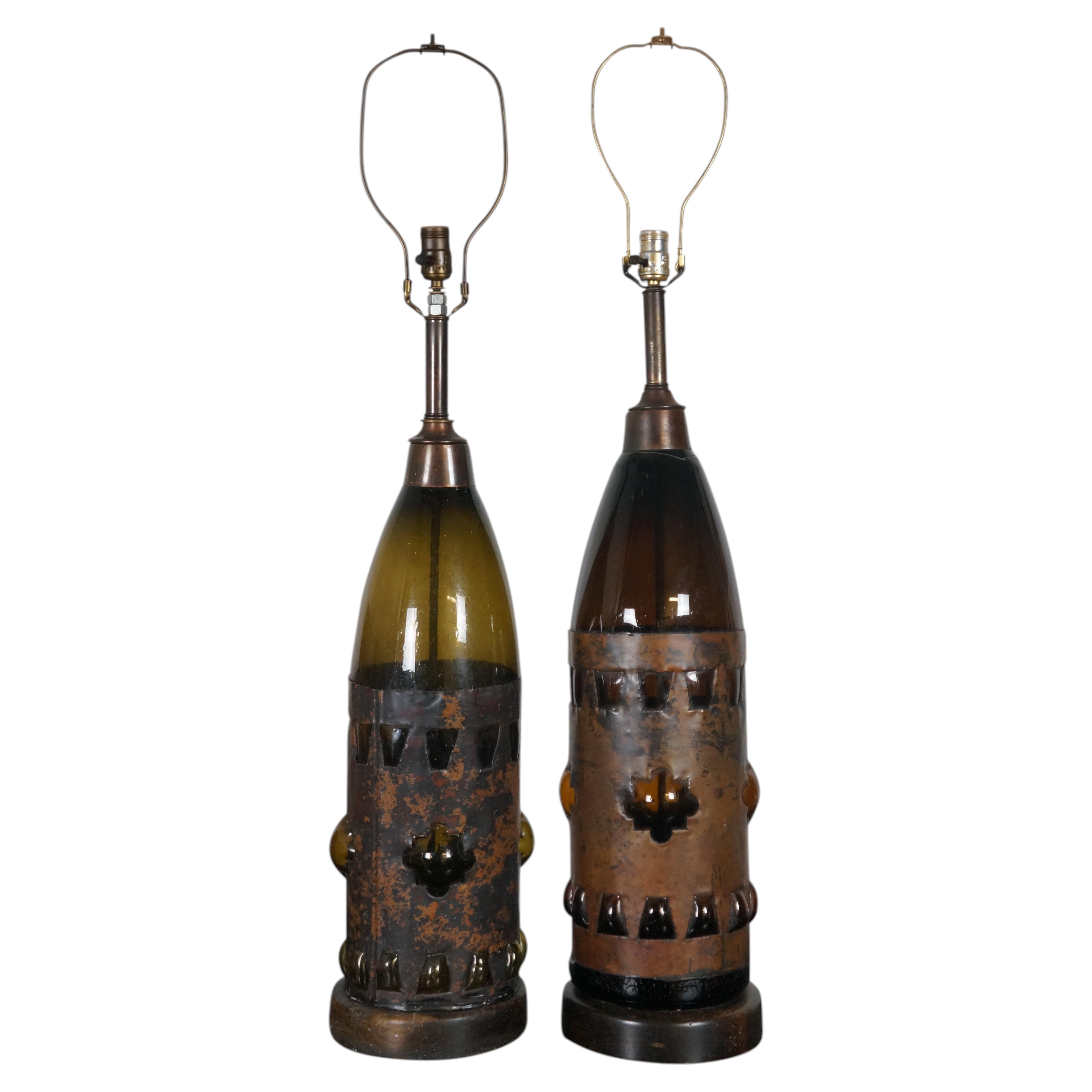 2 Rare Frederick Cooper Hand Blown Brutalist Glass Wine Bottle Lamps 42" For Sale