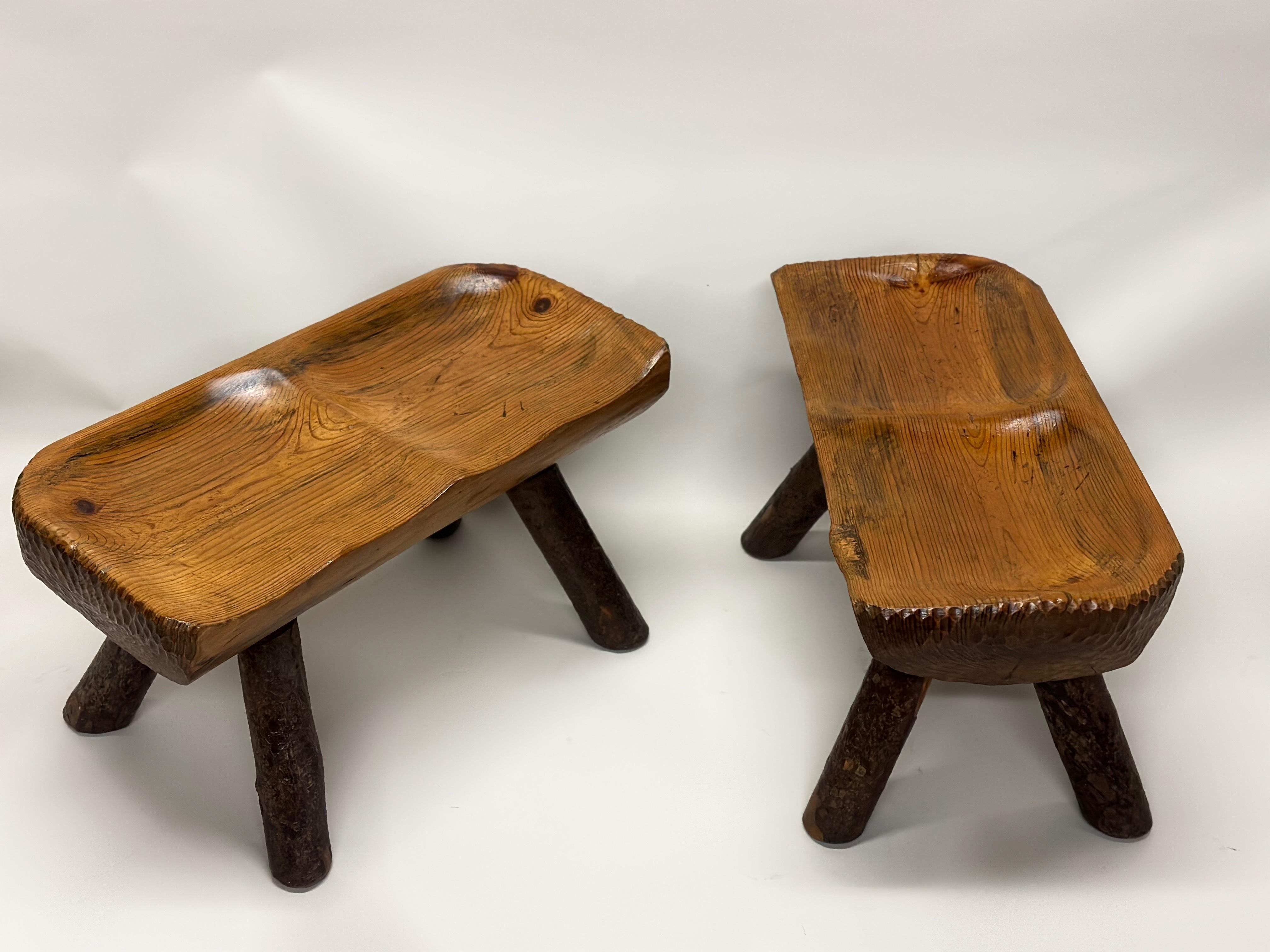 Mid-Century Modern 2 Rare Italian Modern Craftsman Alpine Benches in Hand Carved Cypress For Sale