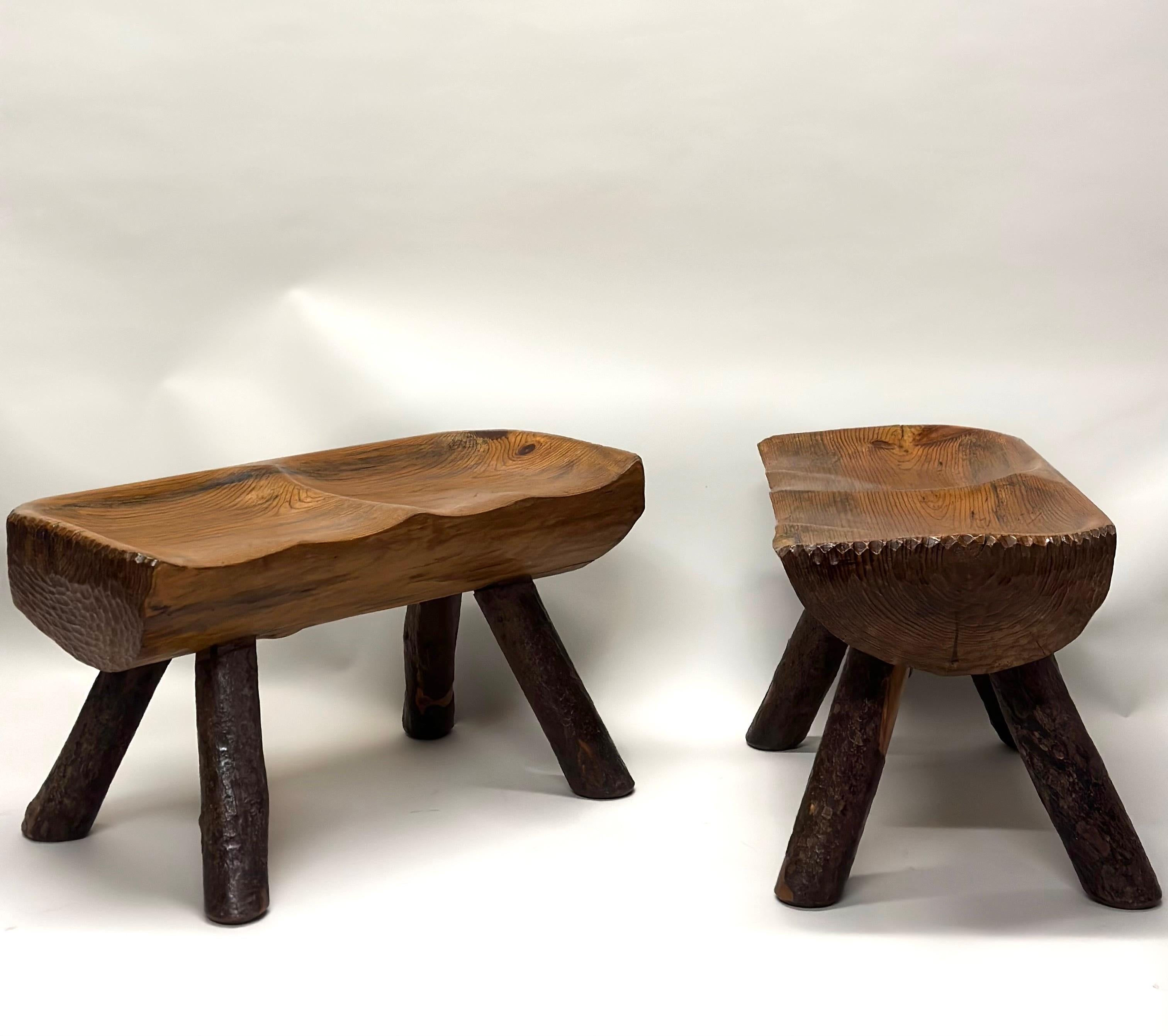 Hand-Carved 2 Rare Italian Modern Craftsman Alpine Benches in Hand Carved Cypress For Sale