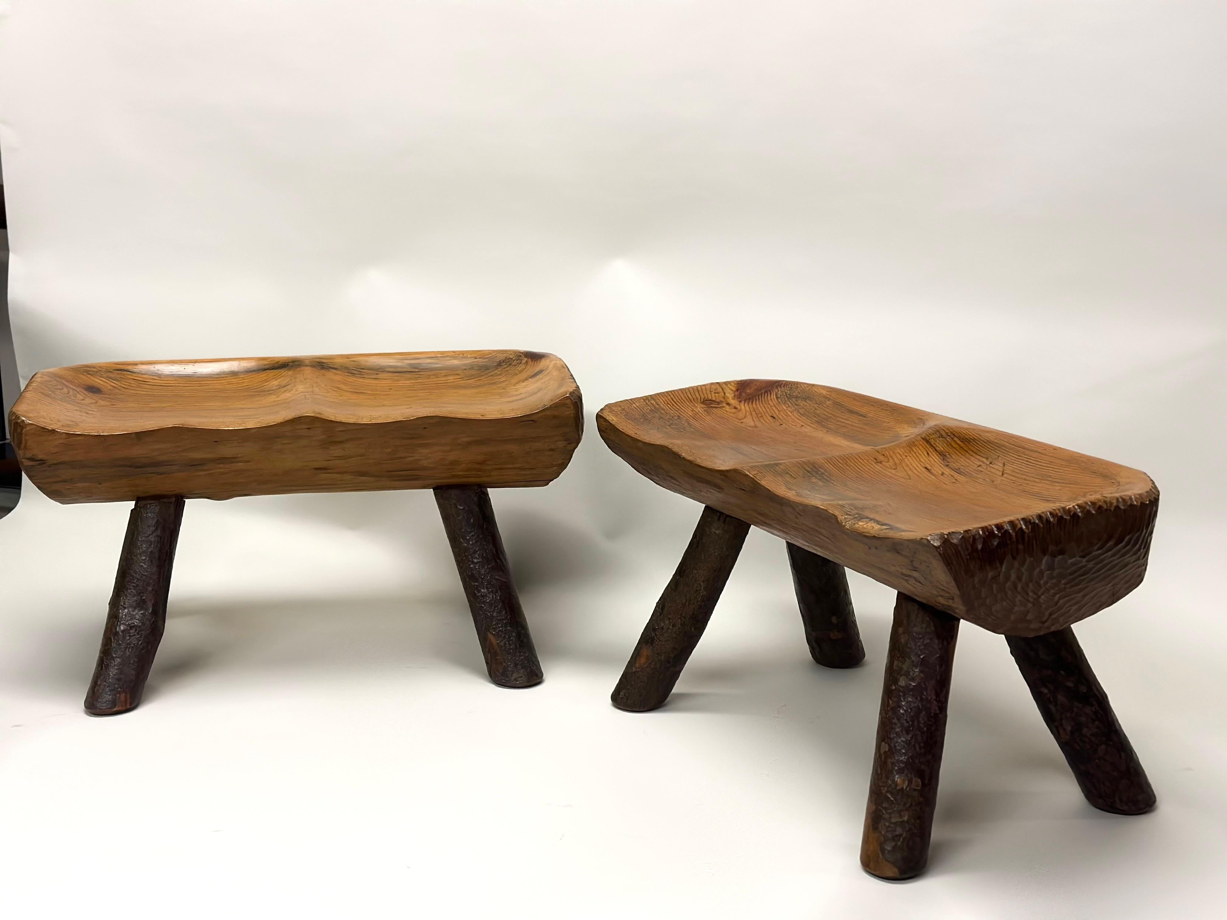 2 Rare Italian Modern Craftsman Alpine Benches in Hand Carved Cypress In Good Condition For Sale In New York, NY