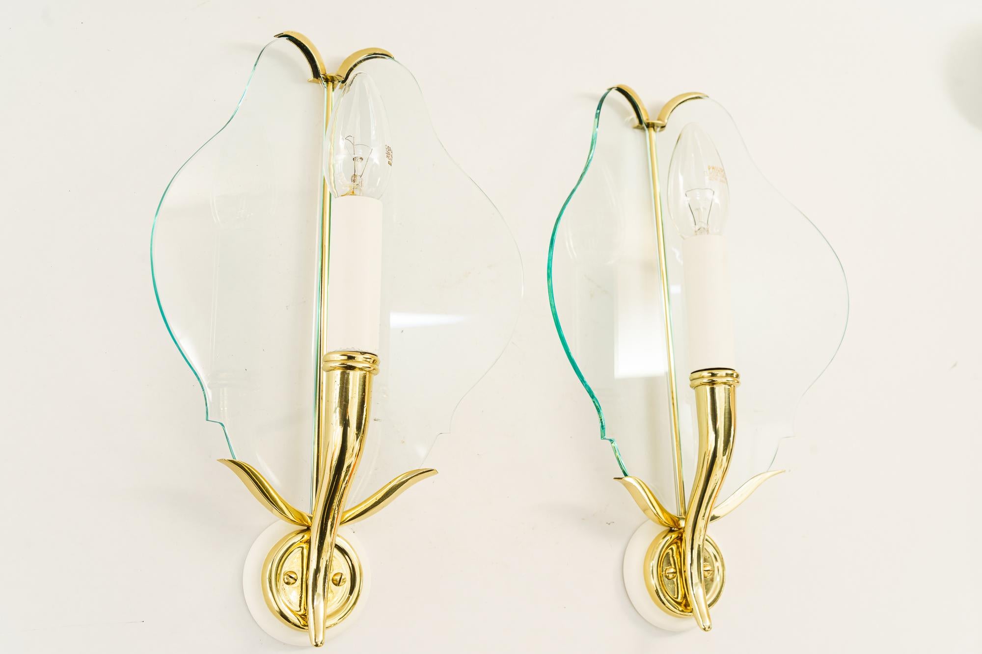 Mid-Century Modern 2 Rare wall lamps with original glass shades vienna around 1950s For Sale