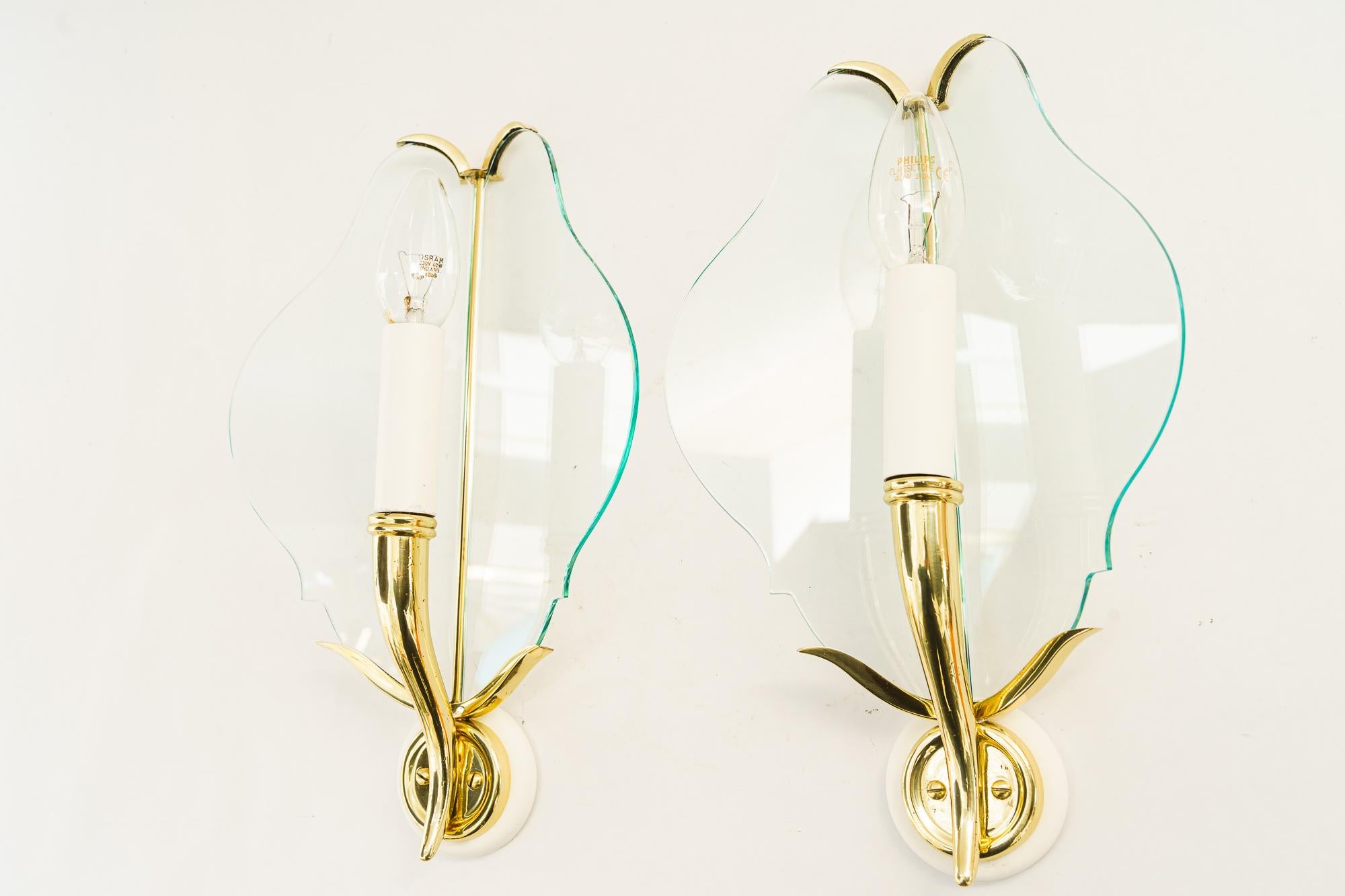 Lacquered 2 Rare wall lamps with original glass shades vienna around 1950s For Sale