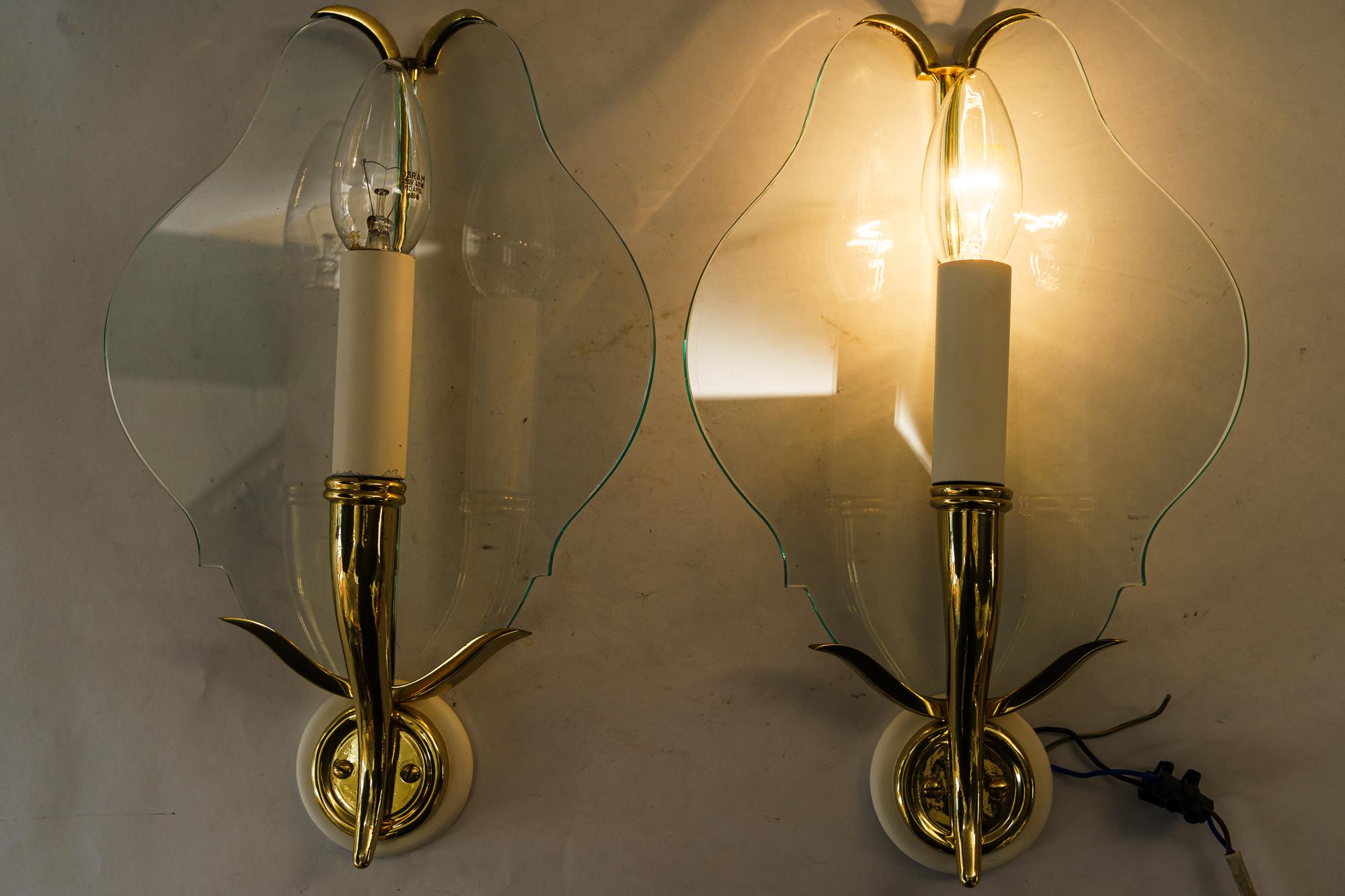 Mid-20th Century 2 Rare wall lamps with original glass shades vienna around 1950s For Sale