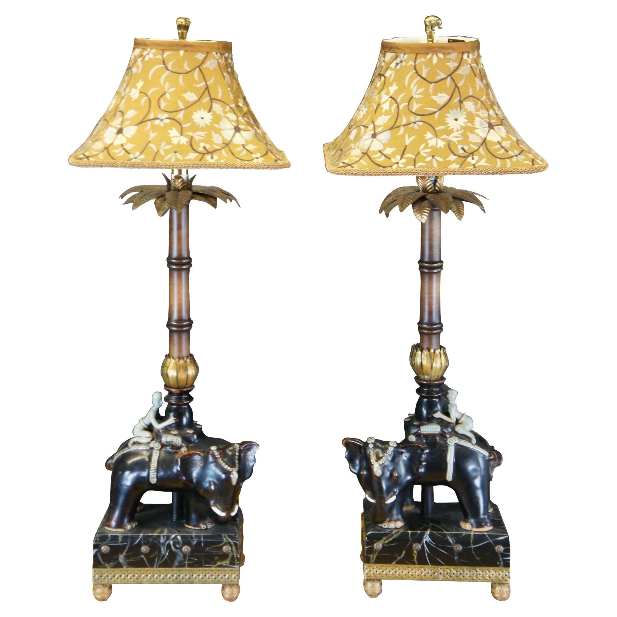 2 Raymond Waites For Tyndale Oriental Asian Elephant & Rider Table Lamp Pair 32" For Sale