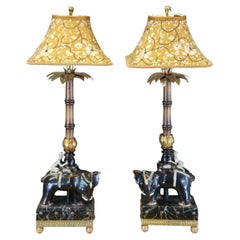 2 Raymond Waites For Tyndale Oriental Asian Elephant & Rider Table Lamp Pair 32"