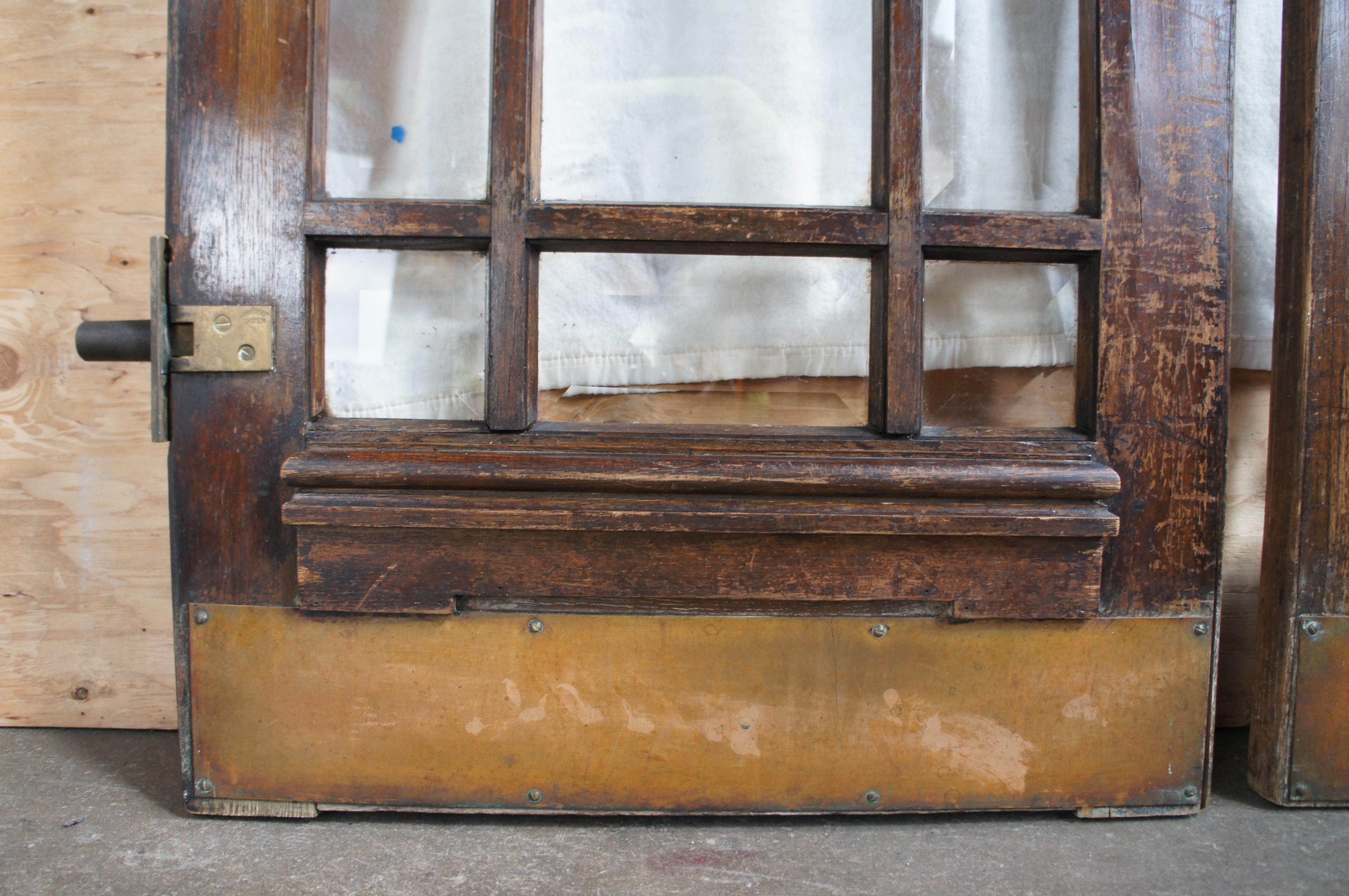 2 Reclaimed Mid C. Oak Mission Craftsman Beveled Glass French Swing Double Doors For Sale 6