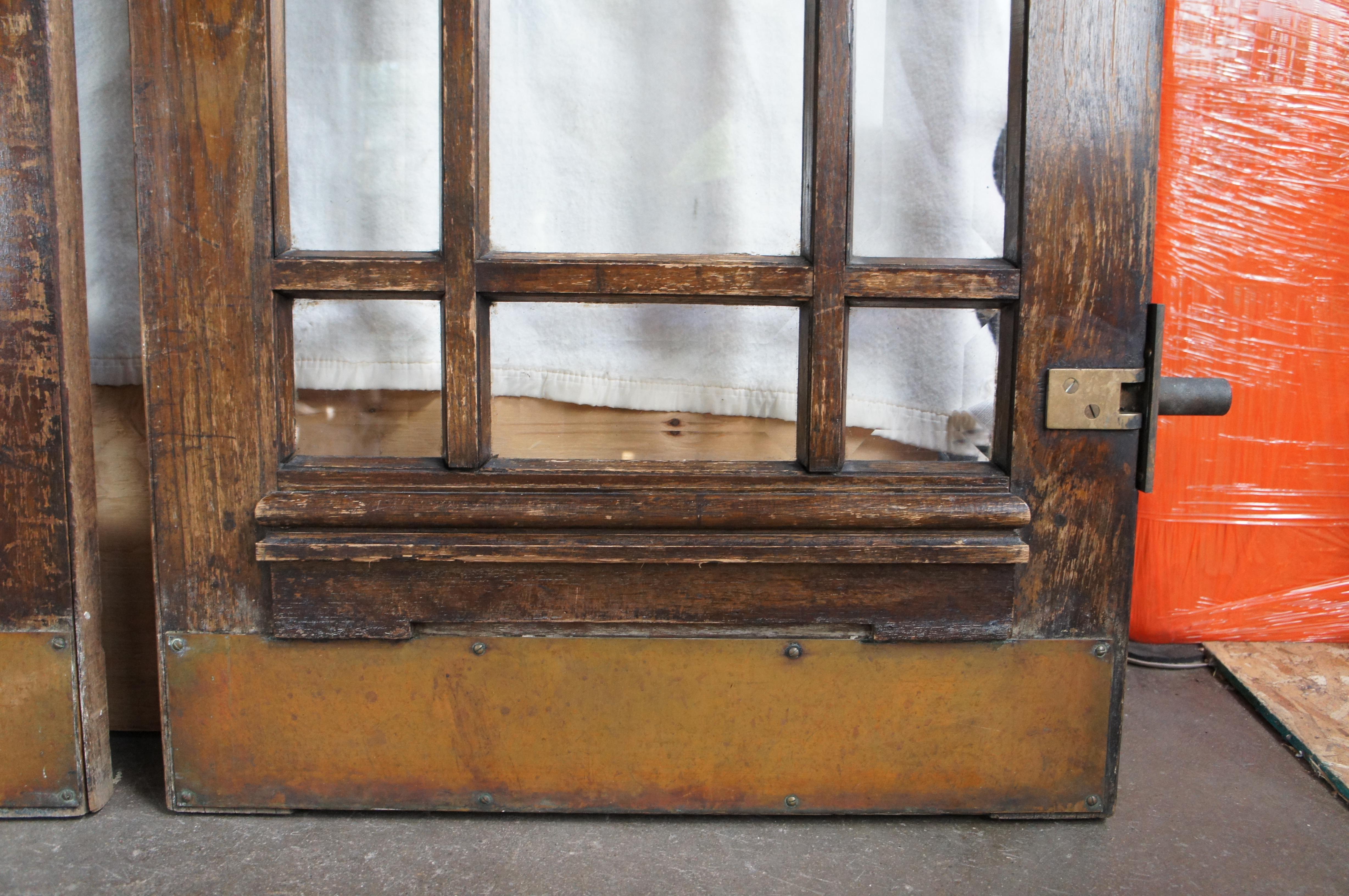 2 Reclaimed Mid C. Oak Mission Craftsman Beveled Glass French Swing Double Doors For Sale 7