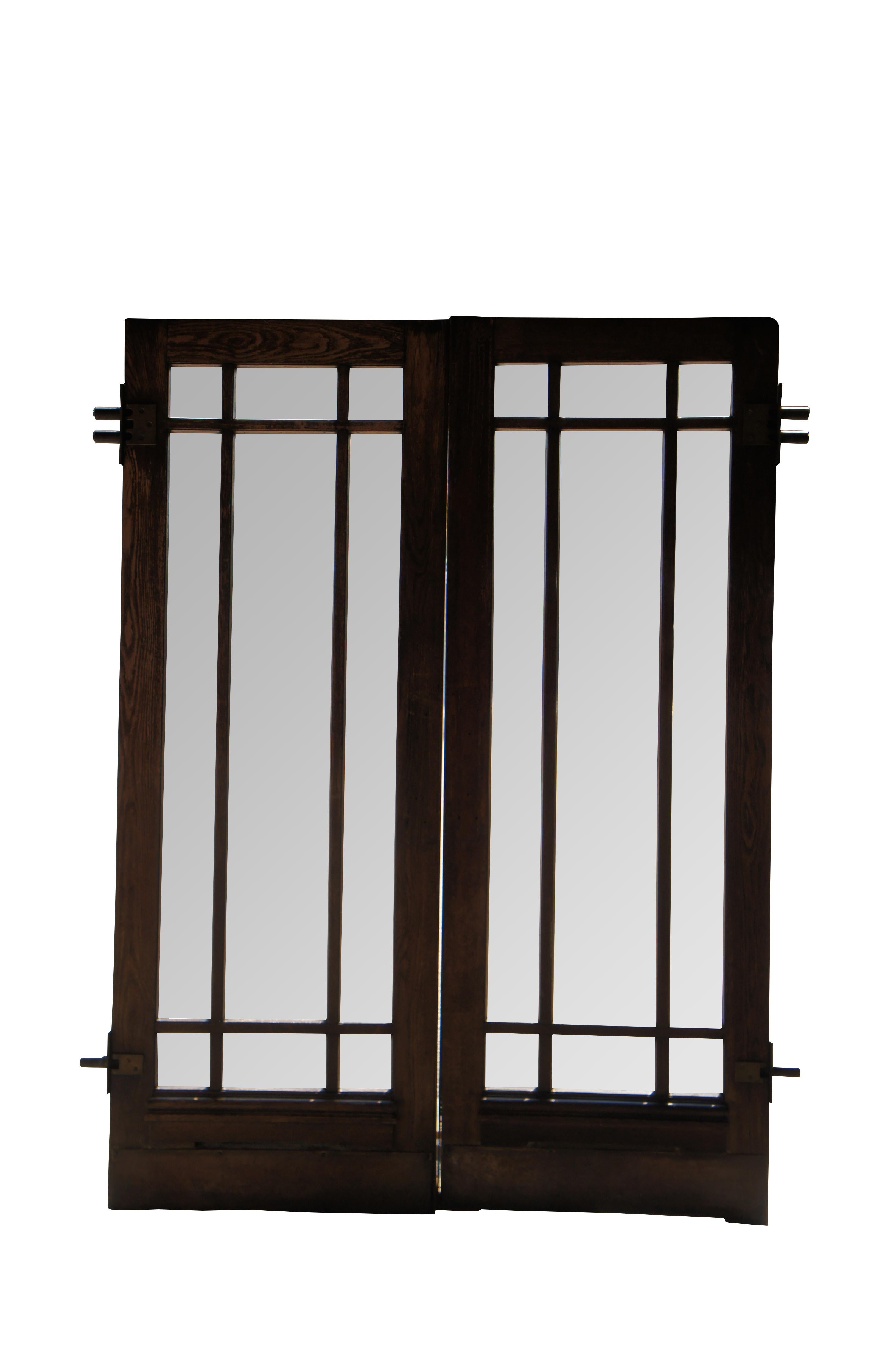 American Craftsman 2 Reclaimed Mid C. Oak Mission Craftsman Beveled Glass French Swing Double Doors For Sale