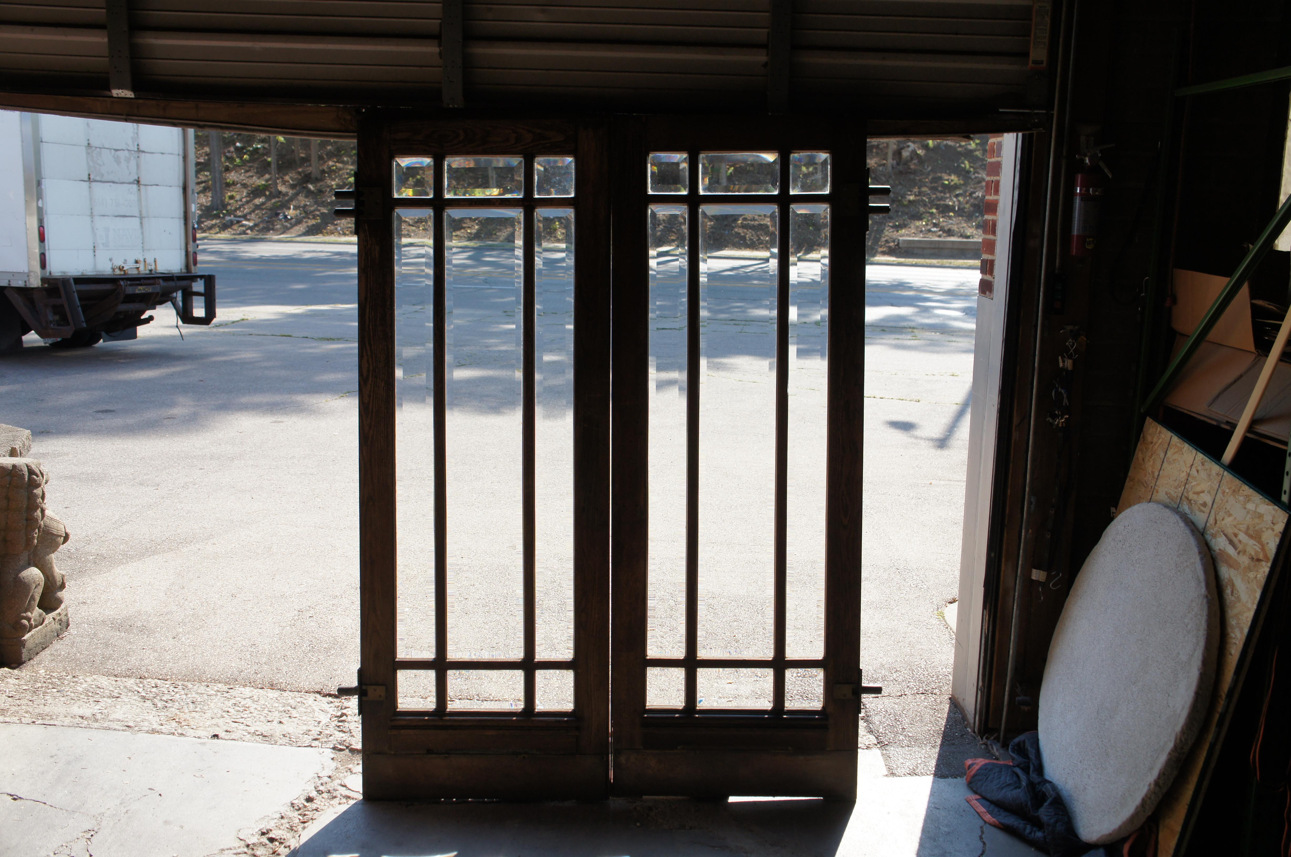 2 Reclaimed Mid C. Oak Mission Craftsman Beveled Glass French Swing Double Doors In Fair Condition For Sale In Dayton, OH