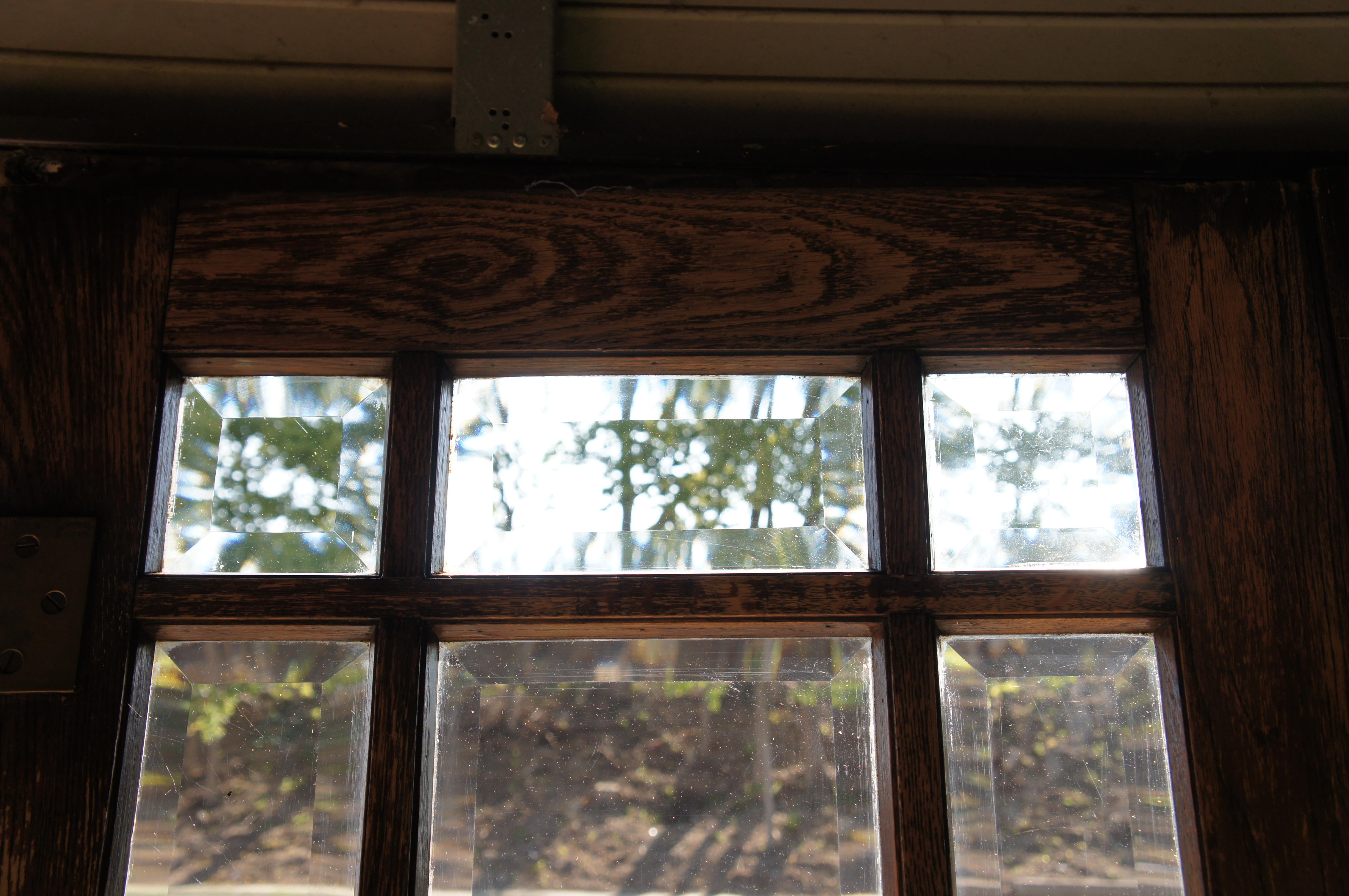 20th Century 2 Reclaimed Mid C. Oak Mission Craftsman Beveled Glass French Swing Double Doors For Sale