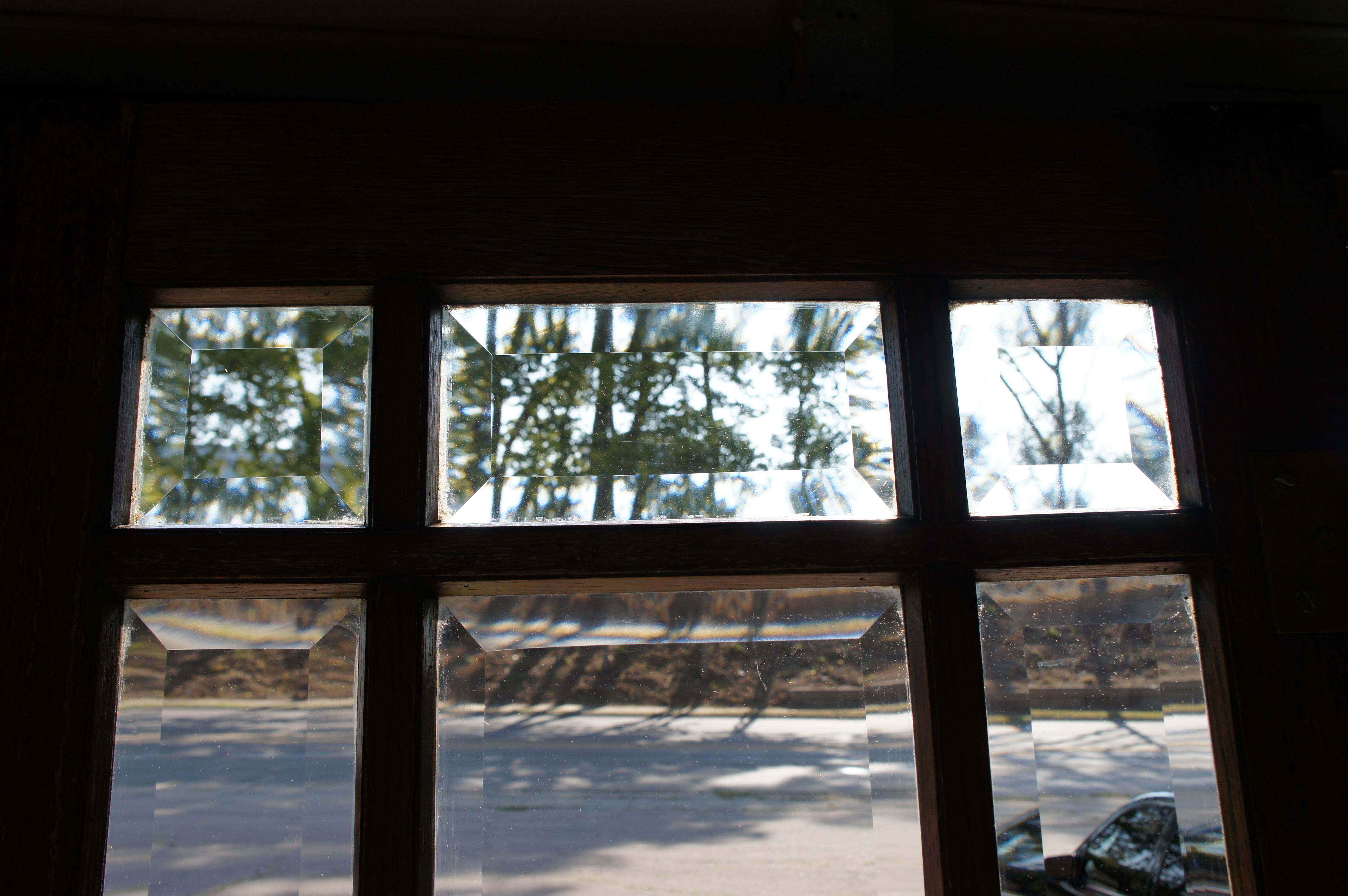 2 Reclaimed Mid C. Oak Mission Craftsman Beveled Glass French Swing Double Doors For Sale 1