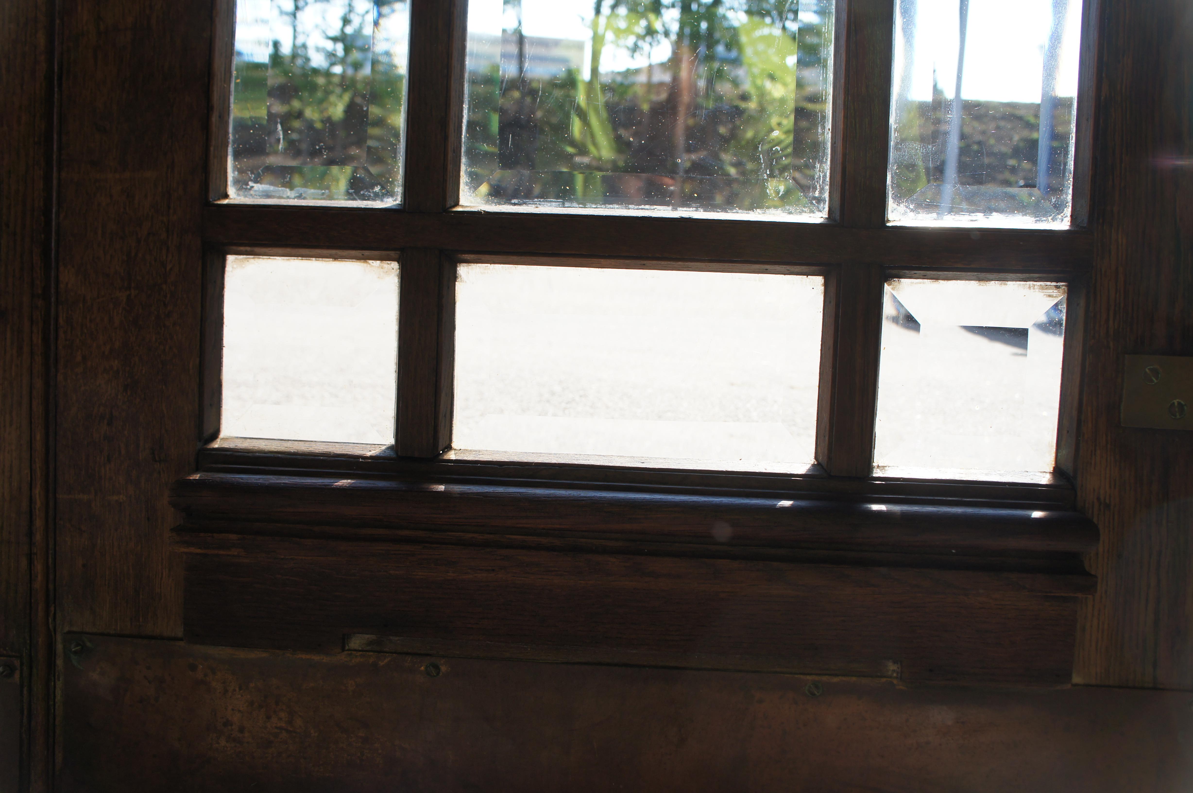 2 Reclaimed Mid C. Oak Mission Craftsman Beveled Glass French Swing Double Doors For Sale 2